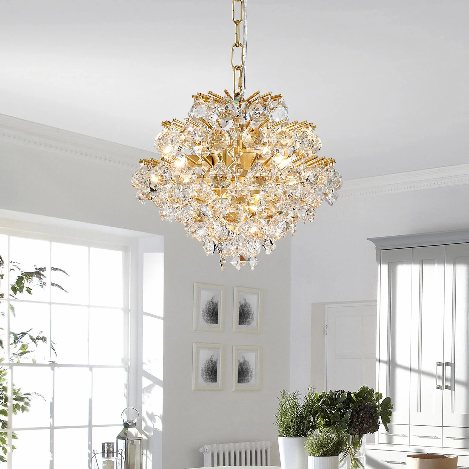 BESTIER Oro Colgante Moderno Candelabro Cristal Iluminación de Gota de Lluvia Lámpara de Techo Lámpara para Comedor Baño Dormitorio Sala de estar 4 bombillas G9 Requeridas D28cm x H30cm