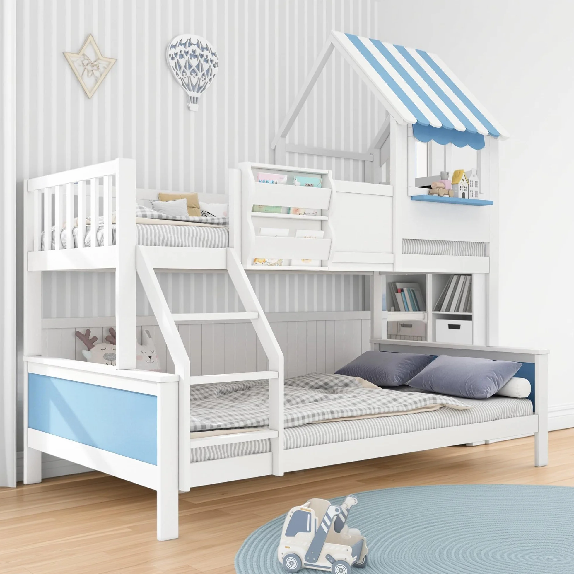 Litera Infantil con Cajón de Almacenamiento | Escalera Inclinada 3 Peldaños + Diseño Ventana Única | Tablero Grafiti Lateral | Estructura Pino+MDF | Blanco/Azul | 90x200cm y 120x200cm