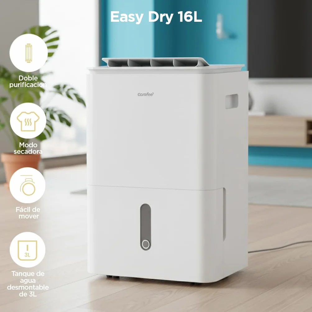 COMFEE' Deshumidificador de Humedad 16L Silencioso | WiFi/App, Modo Secado de Ropa y Auto Antihumedad, Purificador Eléctrico Antibacterias, moho y Condensación | Ideal en habitaciones hasta 45m2/120m3