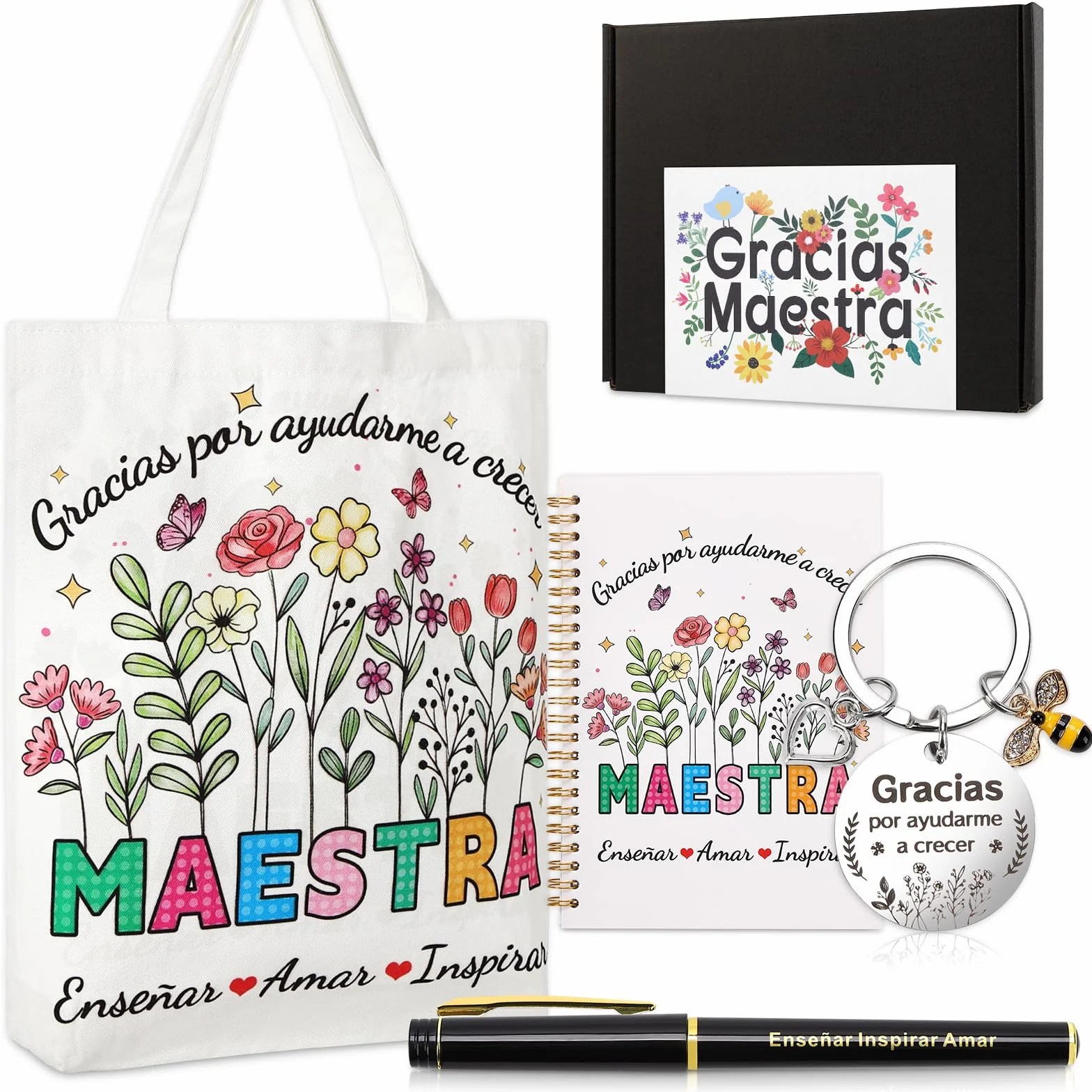 Echehi Regalo Maestra Infantil Set 6 Piezas con Tote Bag Cuaderno A5 Llavero Bolígrafo Tarjeta Caja Original