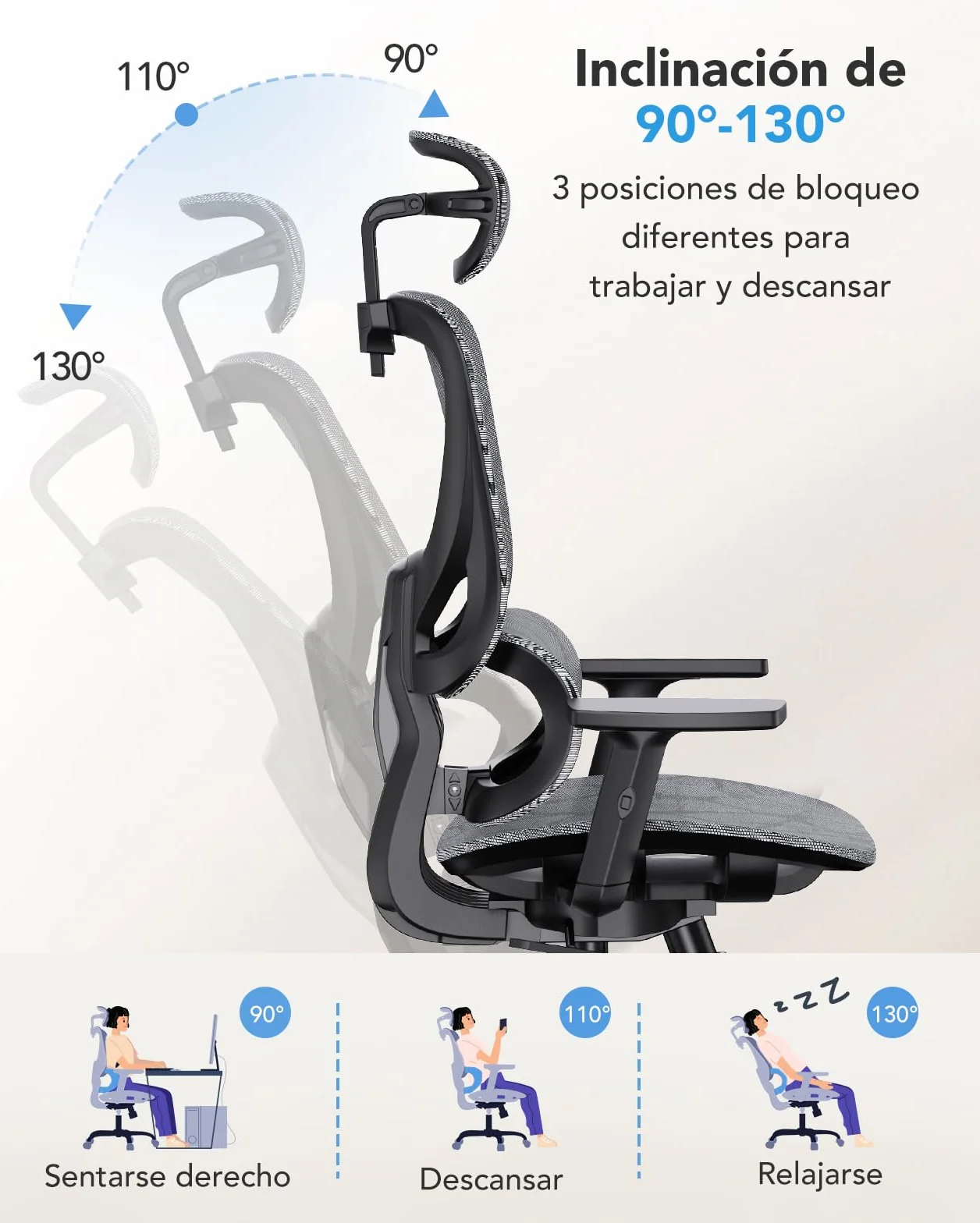 Silla de Oficina ergonómica de Malla HUANUO, Silla de Escritorio de Respaldo Alto con Soporte Lumbar Ajustable, reposabrazos, Mecanismo de balanceo, Silla ergonómica de Gaming de Malla
