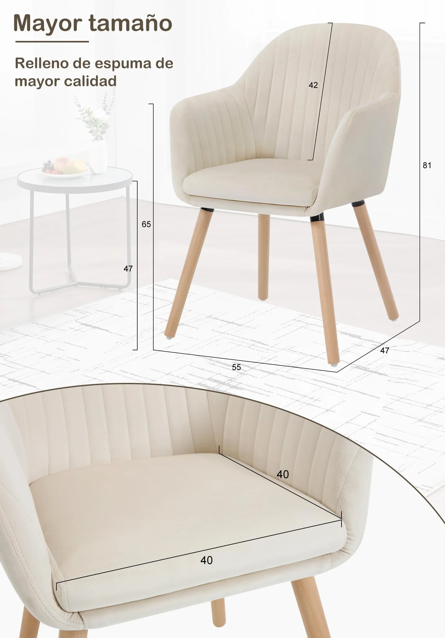 WOLTU Juego de 2 Sillas de Comedor y Cocina con Respaldo Mediano,cojín Doble de Terciopelo y Patas de Estructura de Madera,adecuadas para salón y Dormitorio,Blanco Crema