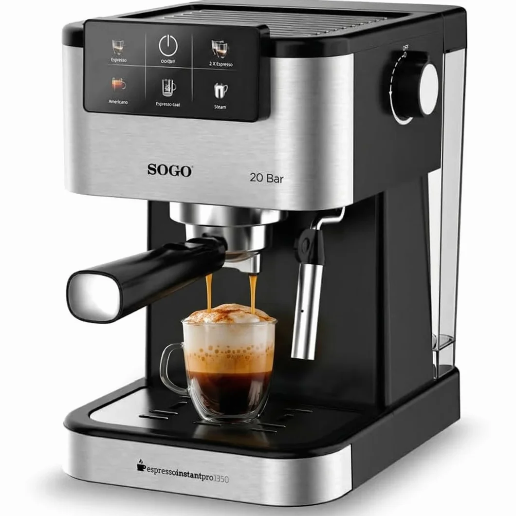 SOGO Máquina de Café Espresso 20 Bar con Pantalla Digital y Vaporizador de Leche – Cafetera para Café Molido y Cápsulas – Cafetera con Espuma Cremosa y Calentamiento Rápido – Limpieza Fácil