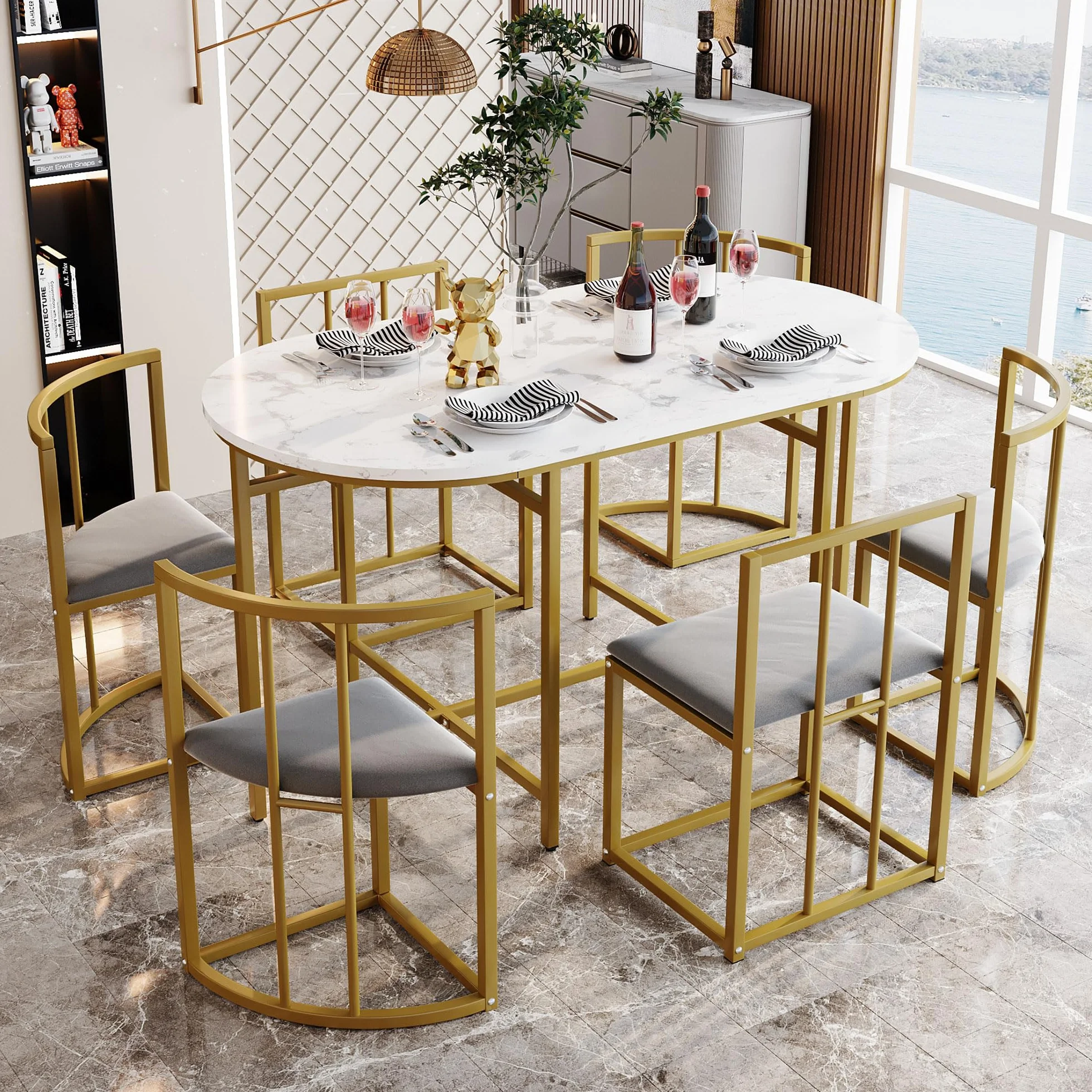 Lexiou Juego de comedor de seis sillas: mesa blanca, estructura de hierro y tapicería gris, combinación moderna