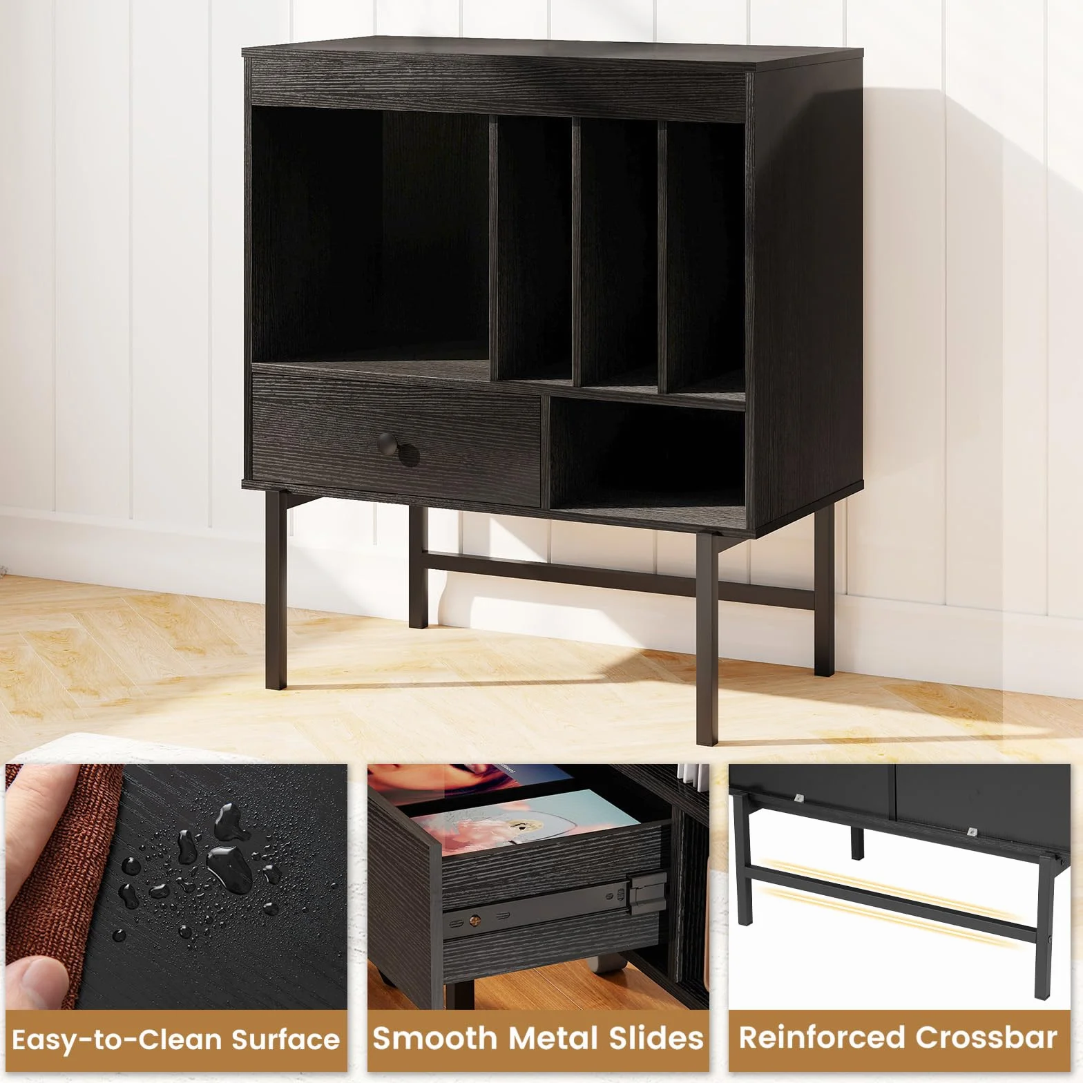 KOMFOTTEU Soporte para Tocadiscos, Mueble para Discos de Vinilo con Cajón y Compartimentos Abiertos, Negro