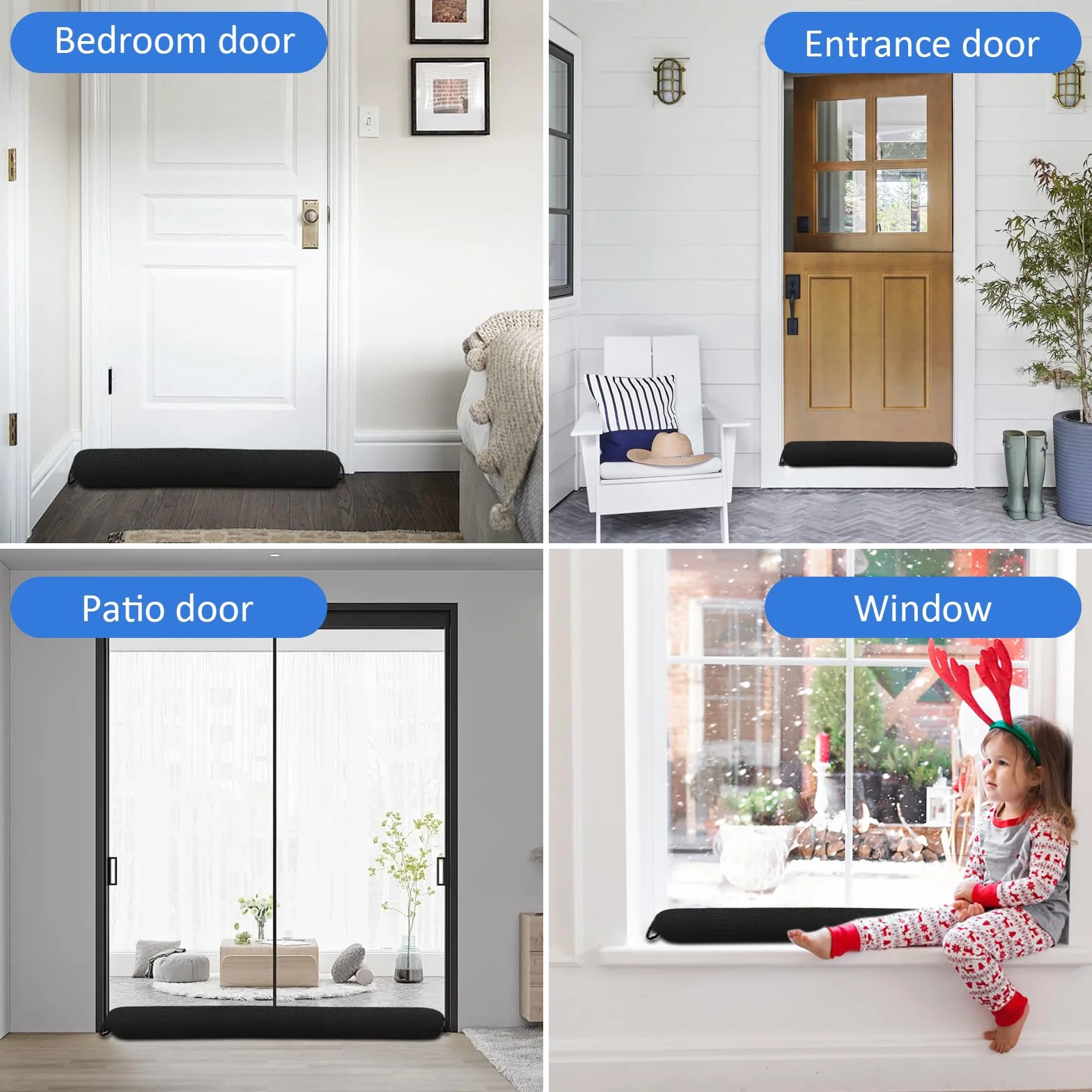 Burlete para puertas - 82 cm de burlete pesado para puertas, burlete para protección, burlete con asas de suspensión para aislar del viento y el ruido de puertas y ventanas, color negro