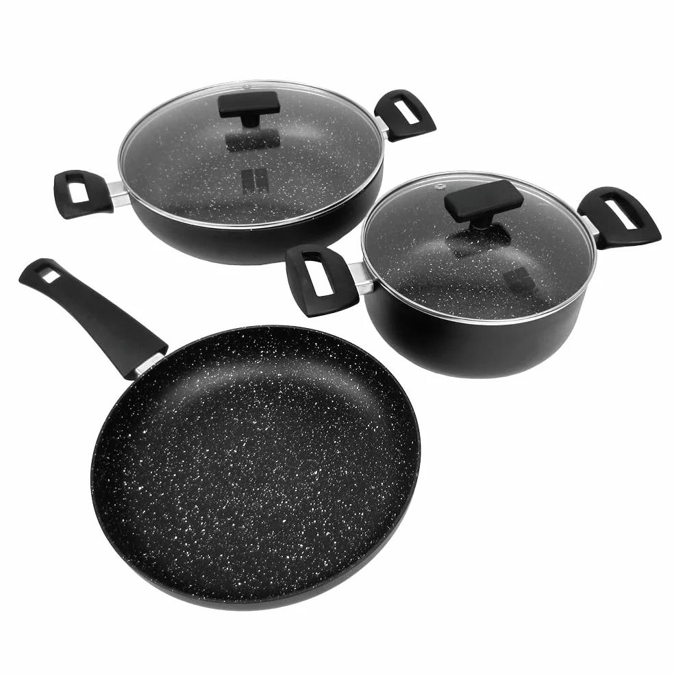 Batería de Cocina 5 Piezas Antiadherente | Juego de Ollas y Sartén de Aluminio | Apta para Inducción, Gas y Vitrocerámica | Tapas de Cristal | Juego de Sartenes y Ollas para Cocina