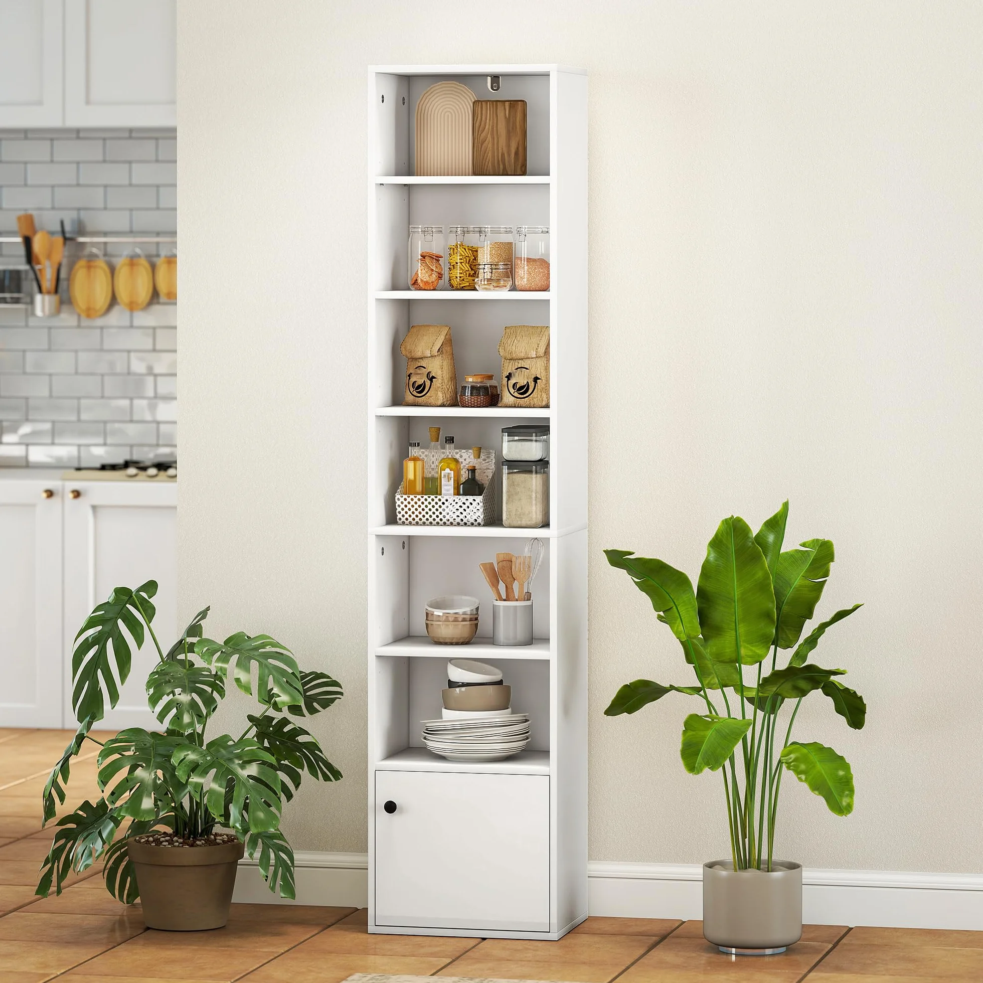 HOMCOM Librería de 7 Niveles, Estantería para Libros con Estantes Ajustables y Puerta, Estantería Moderna, 40x30x180 cm, para Salón, Dormitorio, Estudio, Oficina, Blanco