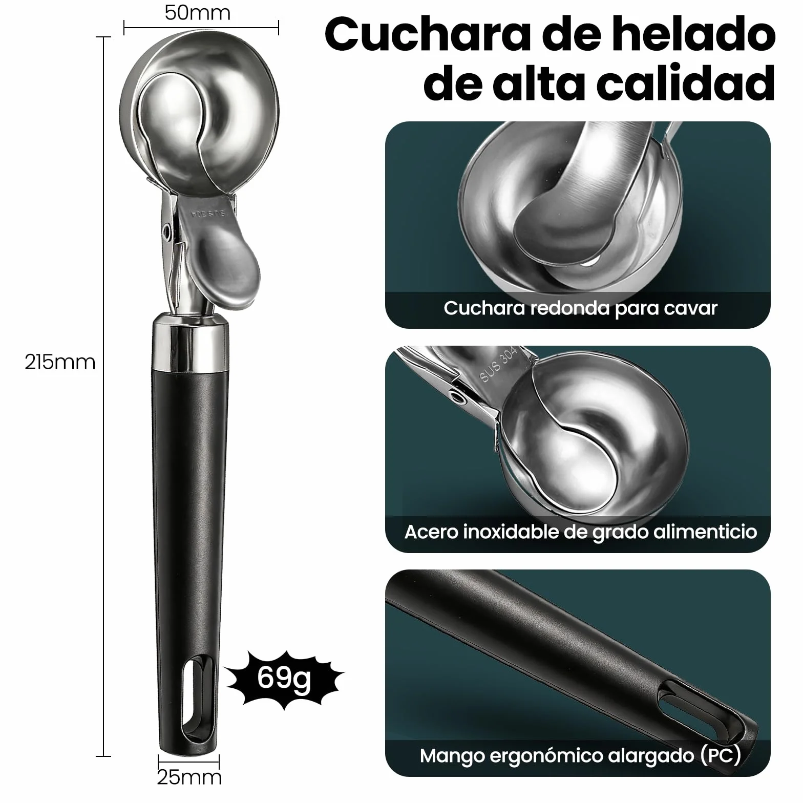 Cuchara Helado de Acero Inoxidable 21 cm, Sacabolas con Gatillo y Mango Cómodo, Pulido Espejo