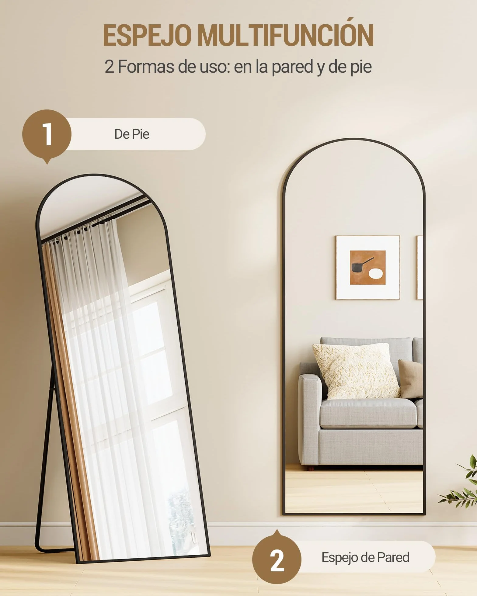 Hzuaneri Espejo de Cuerpo Entero, 160 x 50 cm, Espejo Arqueado con Soporte, con Marco de Aleación de Aluminio, Cristal Templado, Se Puede Montar en la Pared, para Dormitorio, Salón, Negro DM41999B