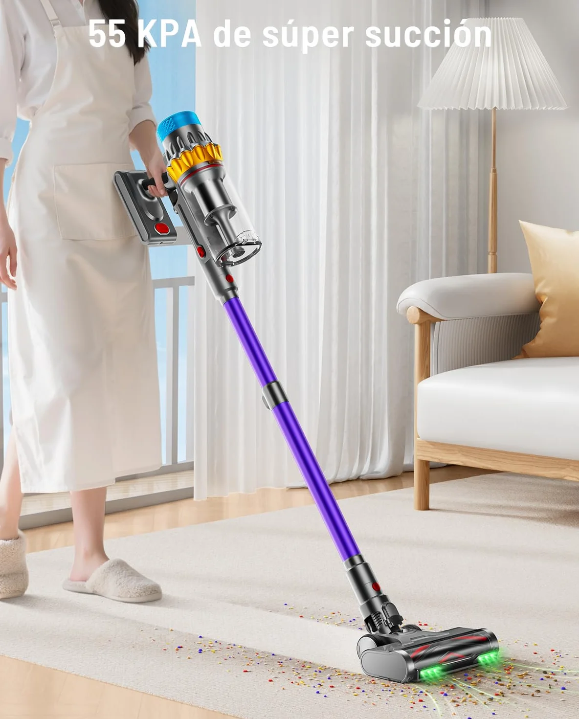 Aspiradora sin Cable 55KPA 650W 70Mins,Escoba Aspiradora sin Cable de 1,8 L, Aspiradora Vertical sin Antienredos/Pantalla LED/Autoportante, Adecuada Para Pelo Demascotas, Alfombras y Suelos de Madera