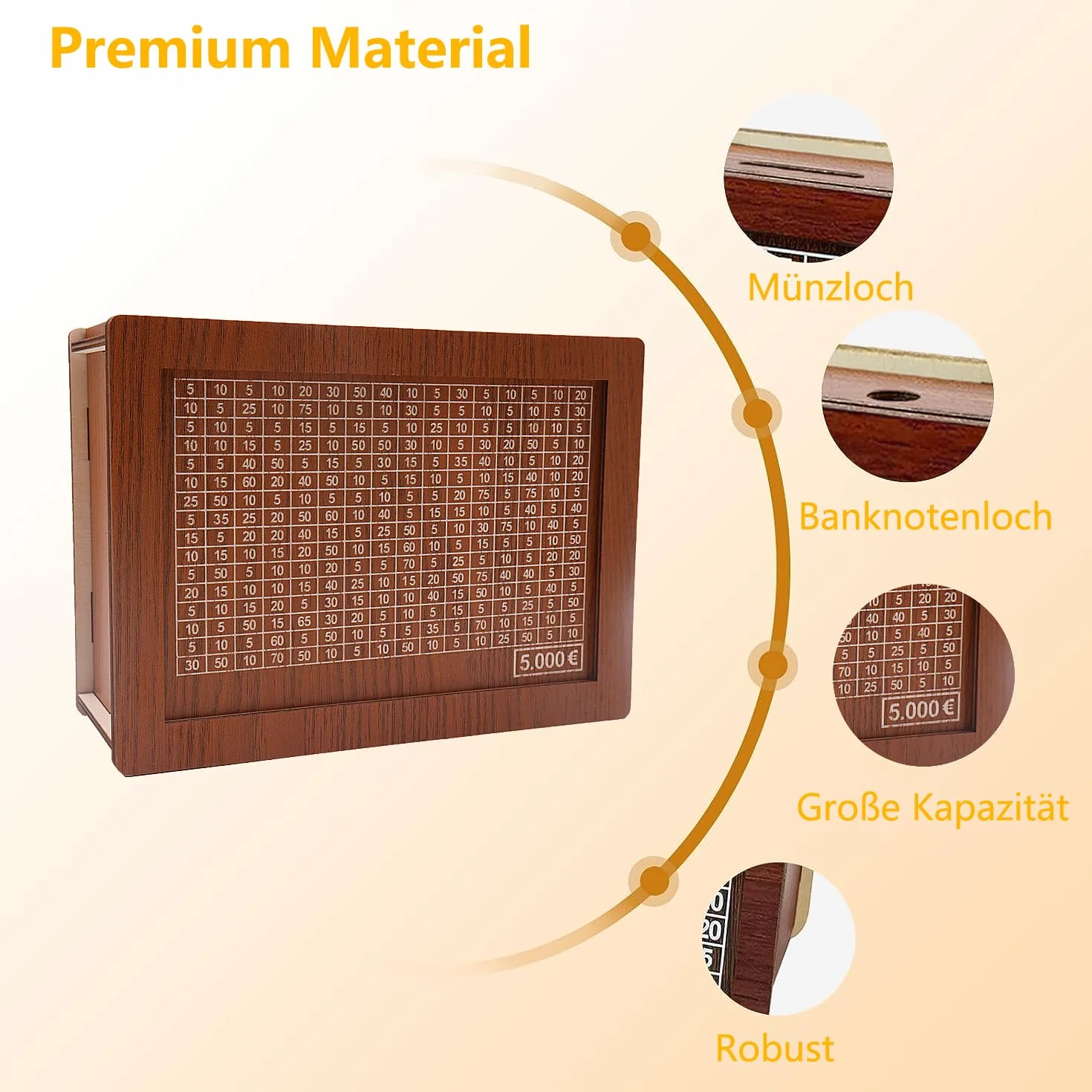 5000 Euro Hucha de Madera, Caja de Ahorros de Madera Reutilizable, Huchas para Adultos y Niños