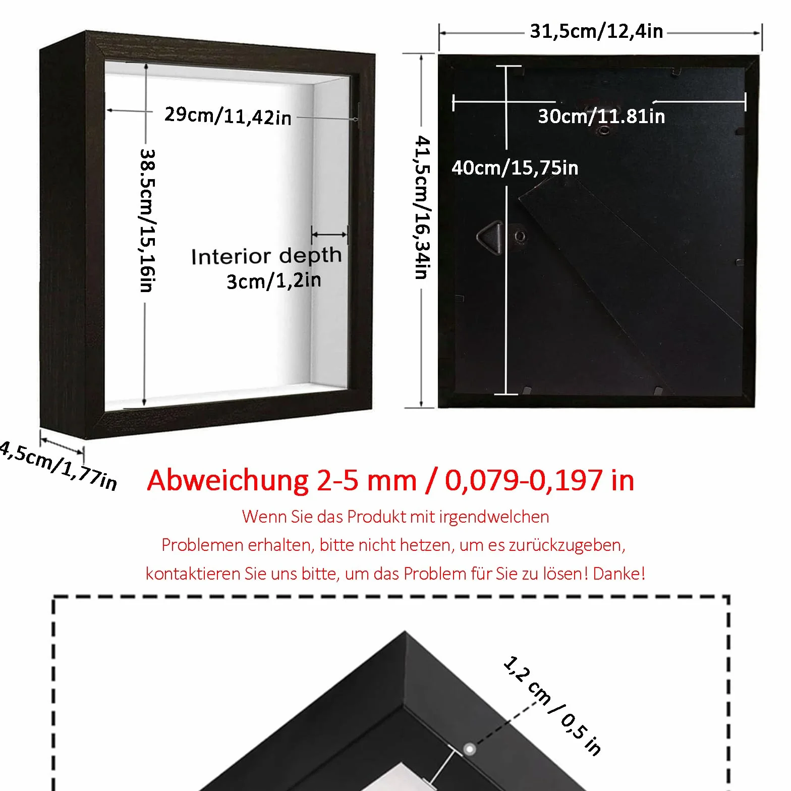 Marco de Fotos 3D 30x40 cm Profundo con Placa Acrílica Transparente, Negro, Madera