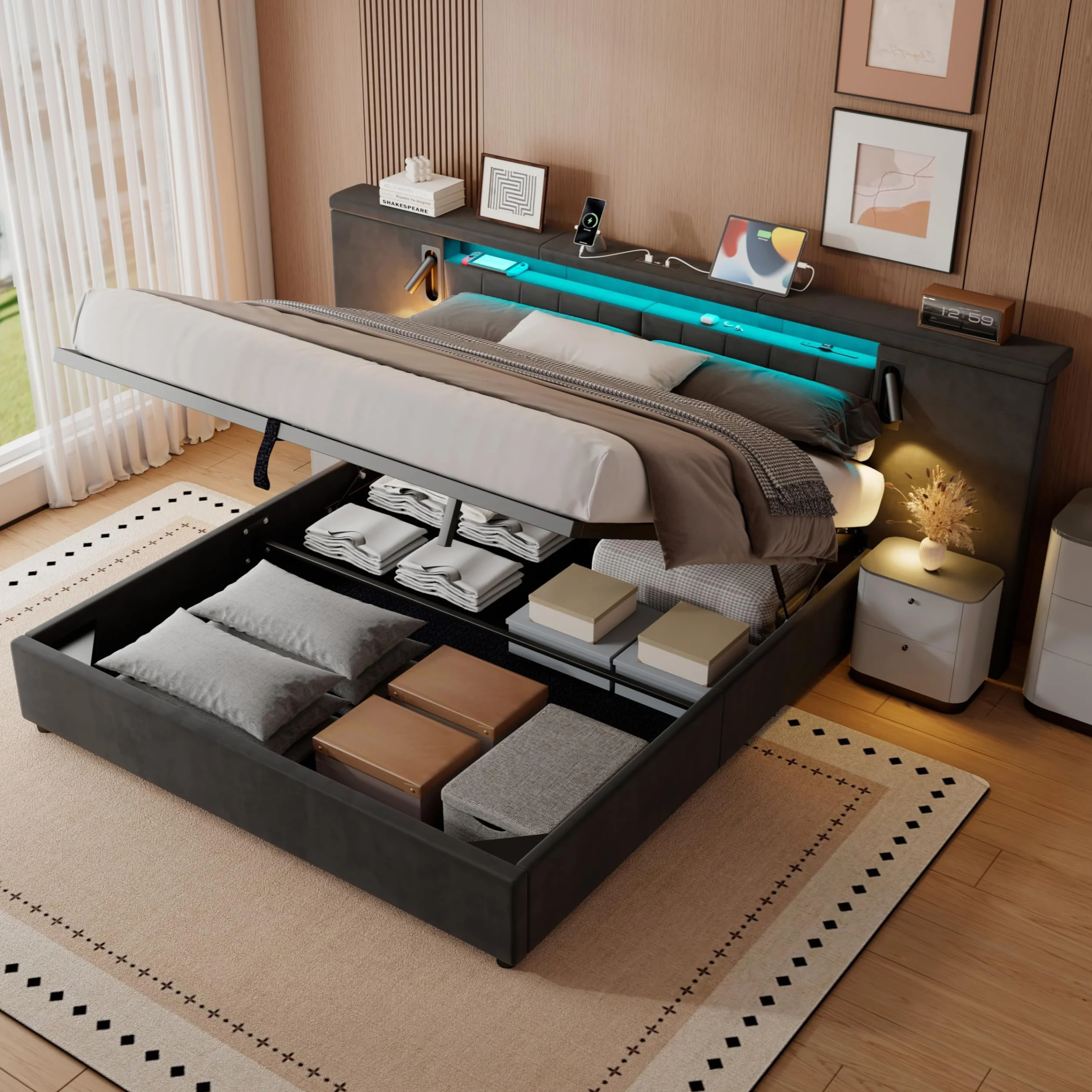 Cama 180x200 con LED y USB, Camas Matrimoniales con Almacenaje, Cama Matrimonio con lámpara de Lectura, Cama Canape con Cabecero, Estructura Cama Doble con Somier, Sin Colchón,Terciopelo (Gris)