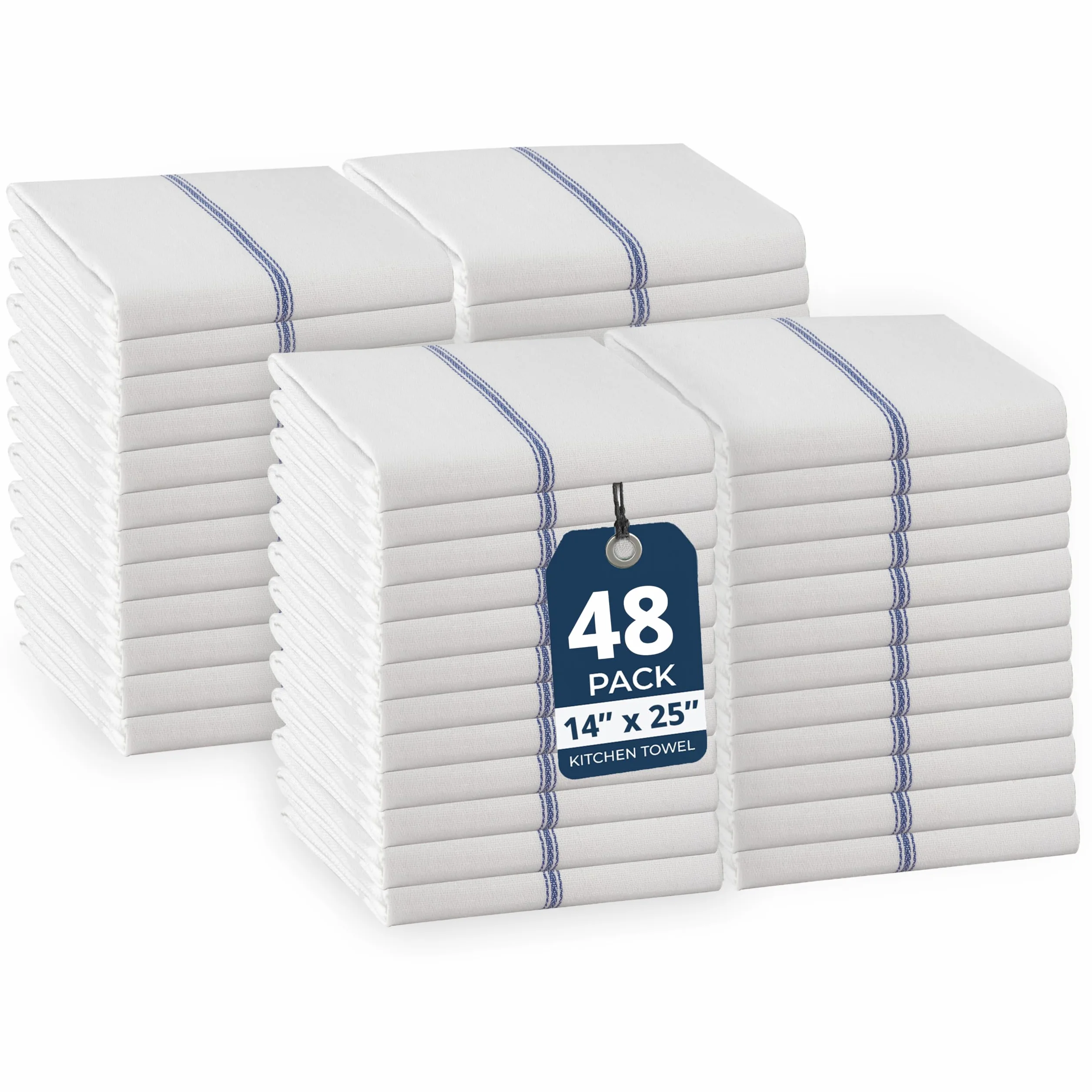 LANE LINEN Juego de toallas de cocina a granel, 100 % algodón puro, toalla de mano superabsorbente, paños de cocina azules, paños de cocina suaves y duraderos, paquete de 48, 15 x 25 pulgadas, rayas