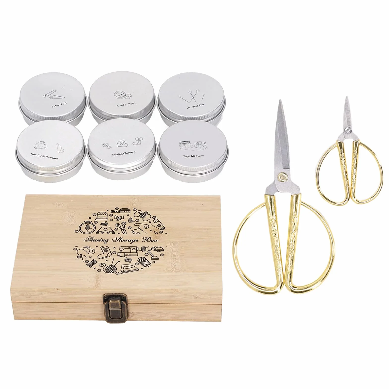 Kit de costura completo de madera con doble capa de almacenamiento, tijeras de acero inoxidable, alfileres, botones, hebillas, dedal, enhebrador y cinta métrica, ideal para