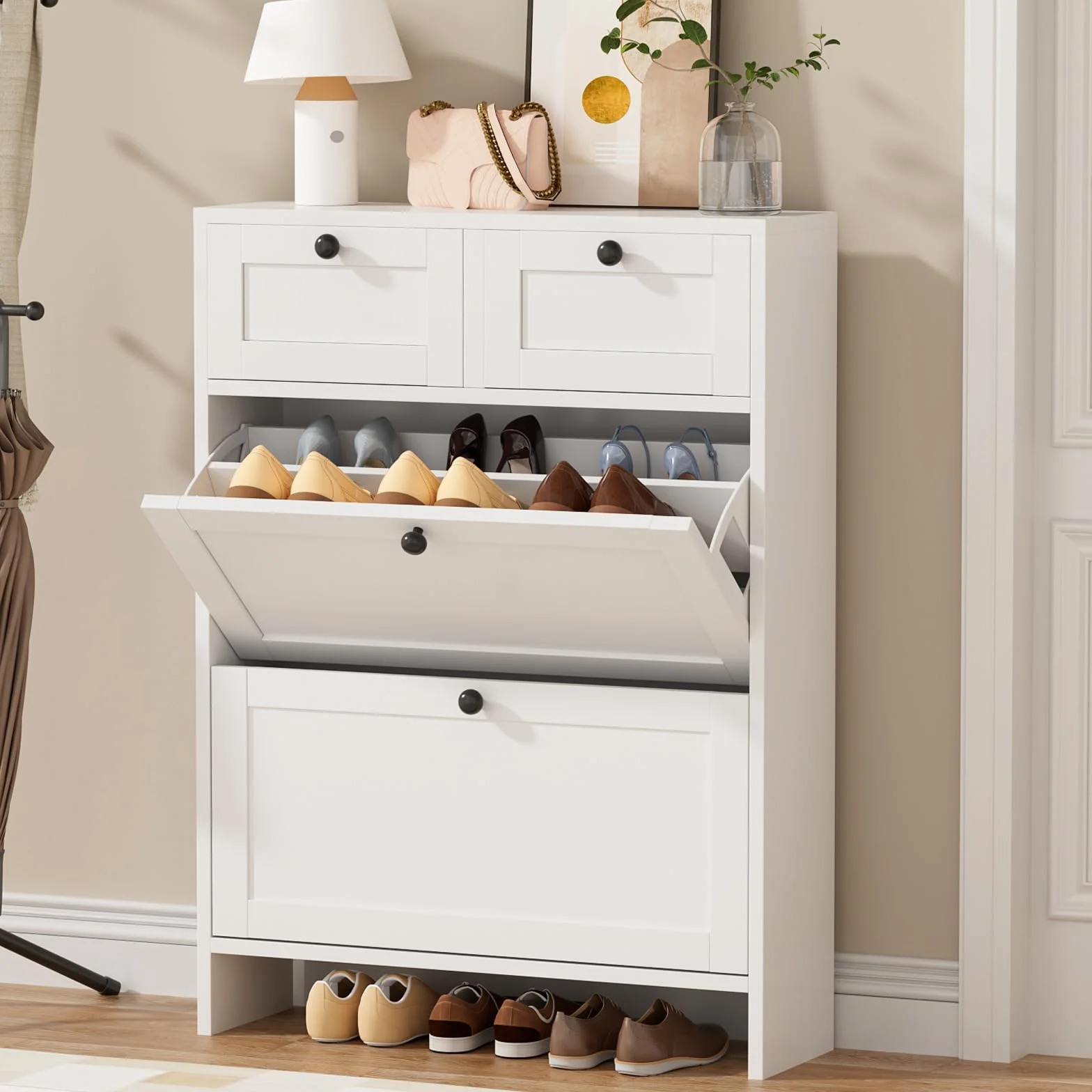 VOWNER Zapatero Estrecho, 2 Puertas, Zapatero Entrada Recibidor, 80 x 24 x 110 cm (Largo x Ancho x Alto), para Entrada Estrecha, Pasillo (Blanco)