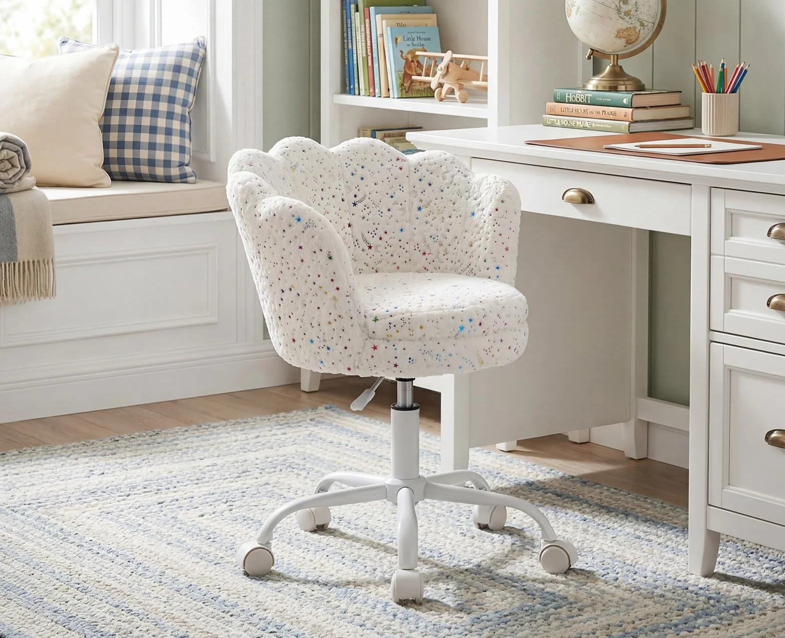 chairus Silla Escritorio Niña de Terciopelo Silla Infantil Giratoria con Ruedas, Sillas de Estudio con Forma de Flor para Niños, Blanco