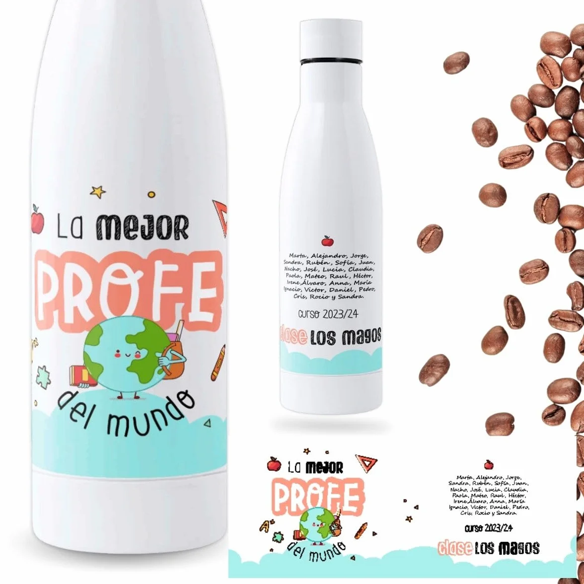 DEREGALOOS Botella térmica personalizada con foto y texto 700ml. Botella de agua acero inoxidable personalizada. Libre de BPA y reutilizable. Regalo para profesores.