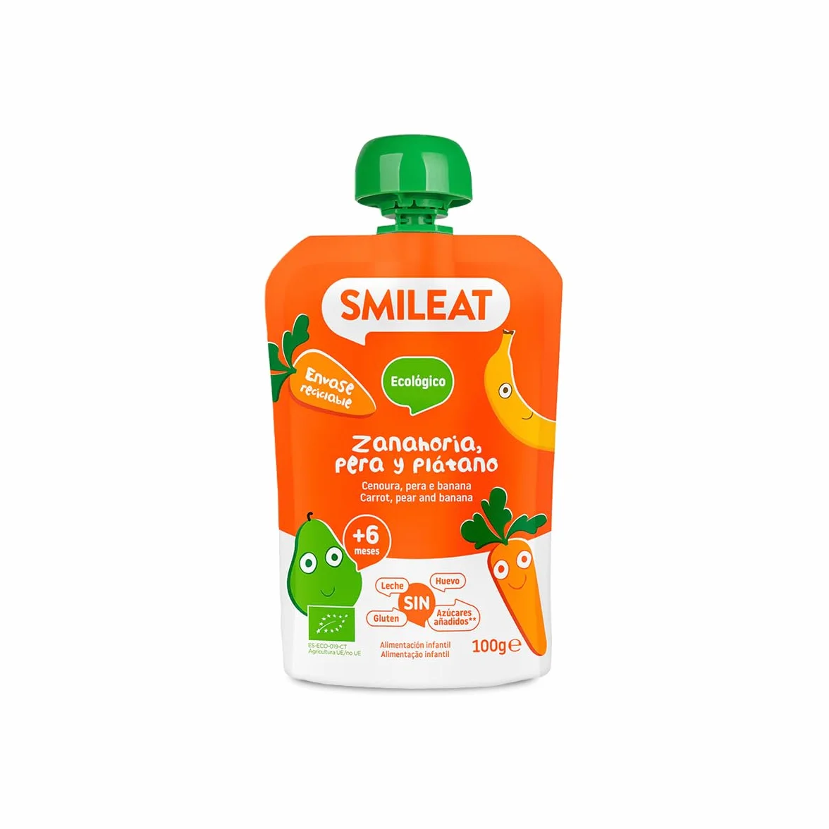 Pouch de Frutas Ecológicas Smileat - Zanahoria, Pera y Plátano - Sin Azúcar Añadido, Sin Gluten - Snack Práctico