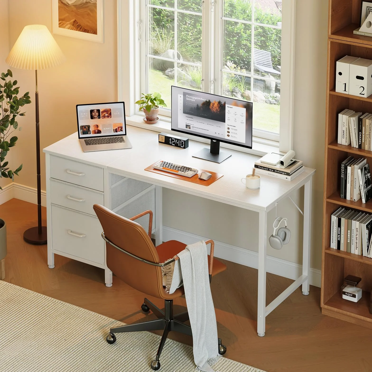 Coleshome Escritorio con 3 Cajones de Tela, 120x48cm, Soporte para Auriculares, Blanco, Reversible para Oficina en Casa