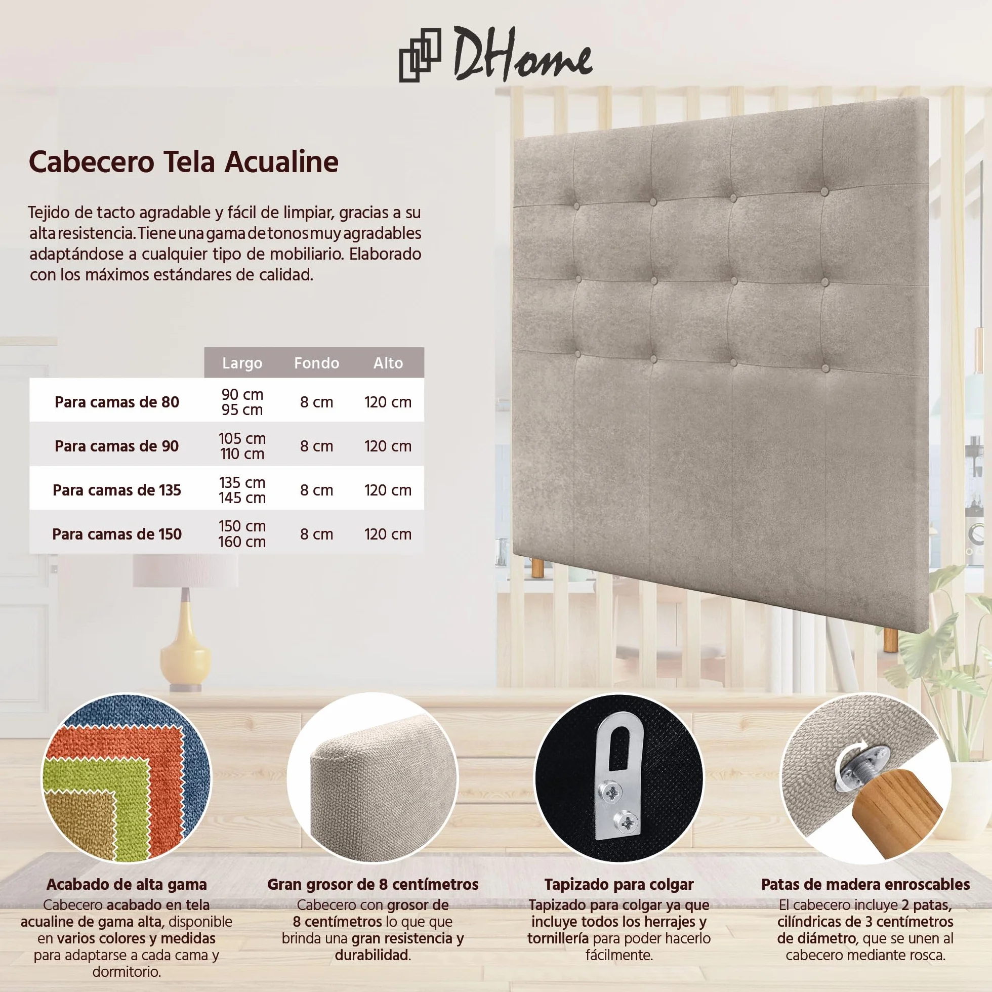 DHOME Cabecero Capitoné hasta el Suelo 150x120cm Tela Beige Tapizado ACUALINE para Cama
