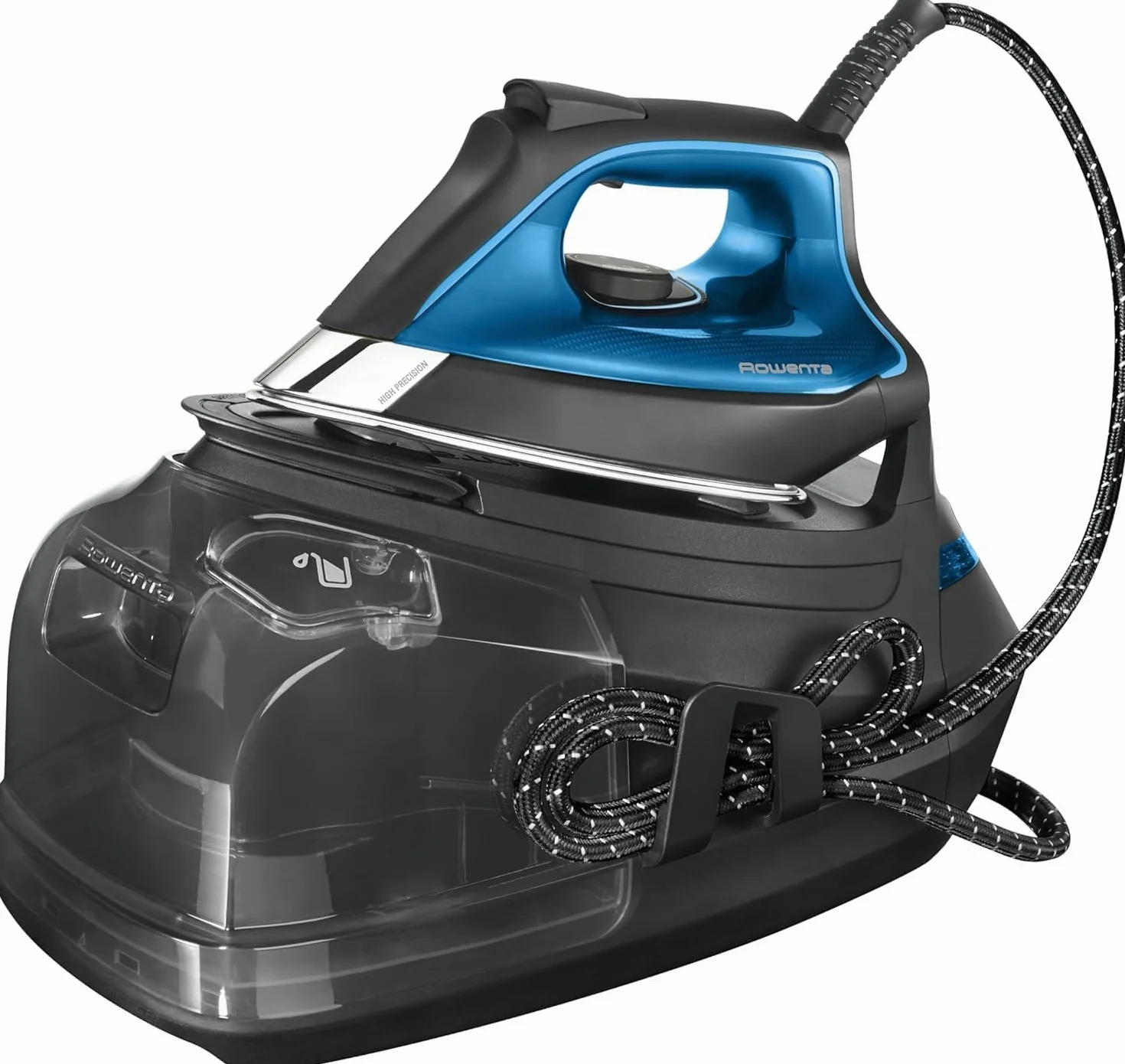 Rowenta Silence Steam Pro, Centro de planchado vertical, 7.5 bares, golpe de vapor de 480g/min, tecnología silenciosa, desinfecta, vapor con caldera, Color Gris y Azul, DG9160