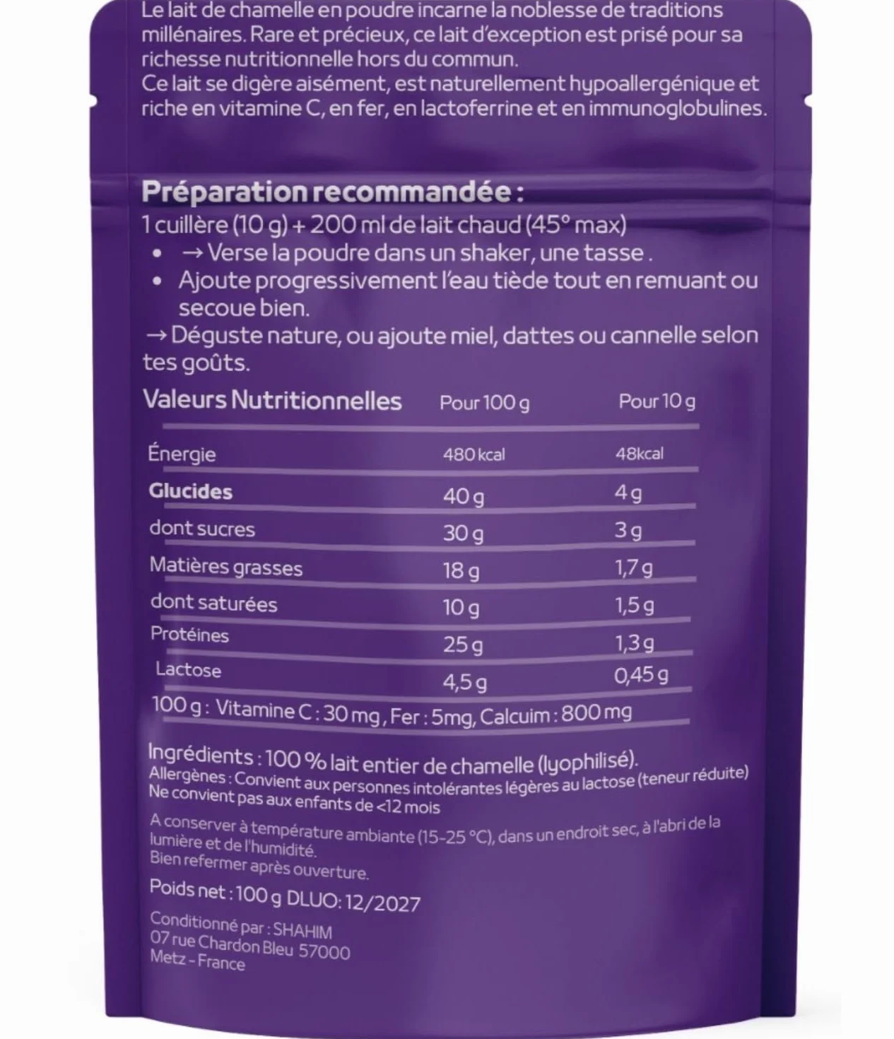 Leche de camello en polvo premium 100g - Marca francesa, rica en vitamina C y hierro