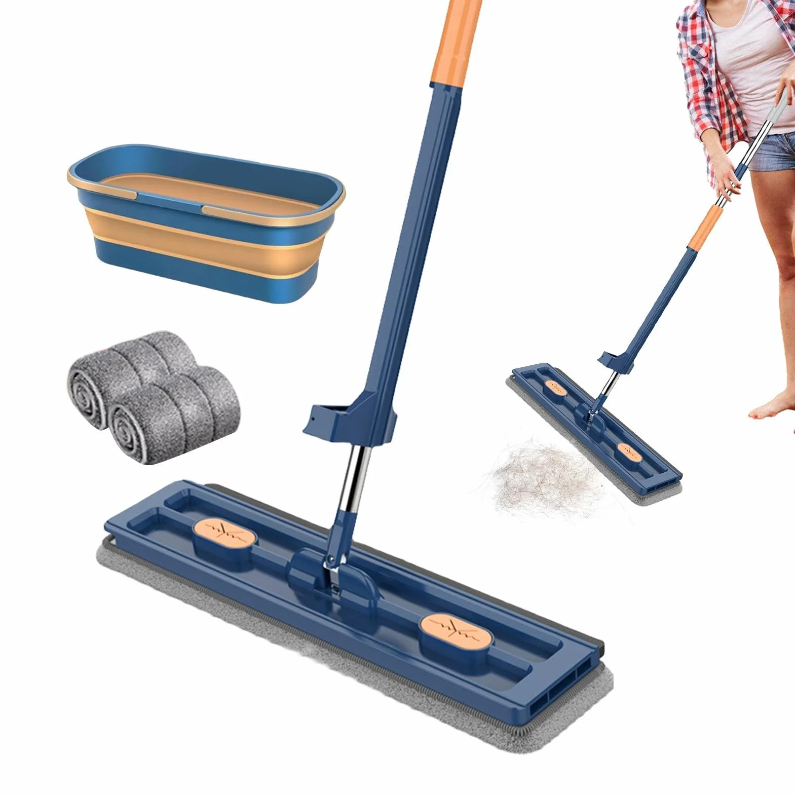 Mopa de Cabeza Plana – Limpiador de Mango Largo con 2 Almohadillas de | microfibra reutilizables | Mopa seca y húmeda para azulejos de cerámica, suelos de madera dura, laminados | Mopa versátil par