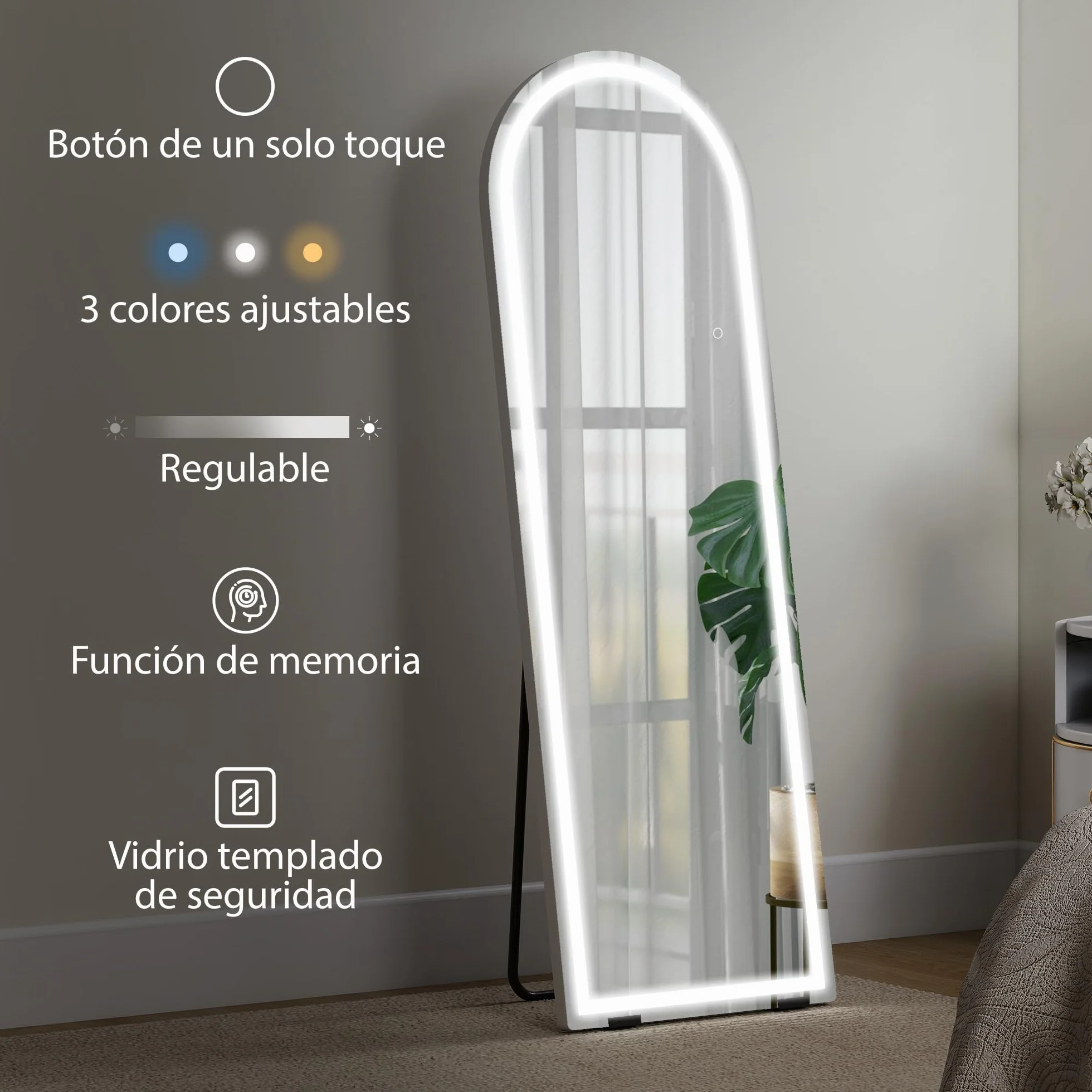 HOMCOM Espejo de Pie Cuerpo Entero con Luces, 150x50 cm, Espejo de Cuerpo Entero Arqueado sin Marco, Color y Brillo Ajustables, Función de Memoria, Independiente, Apoyado y de Pared, Transparente