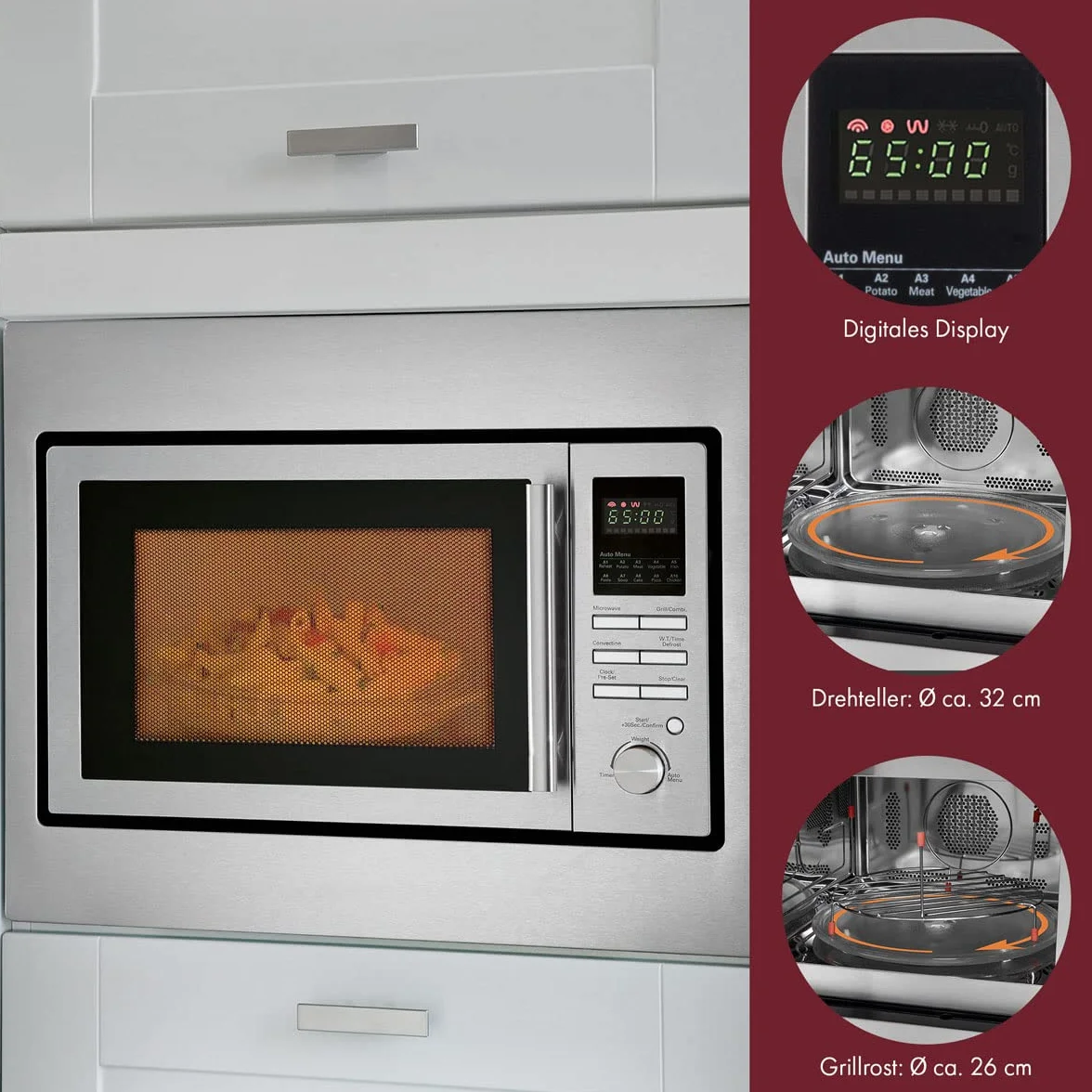 Microondas encastrable Bomann 3en1 con grill y convección,25 L de espacio de cocción, 10 programas automáticos,incl. rejilla grill y plato giratorio (Ø 32 cm),900 vatios,acero inoxidable,MWG 2216 H EB