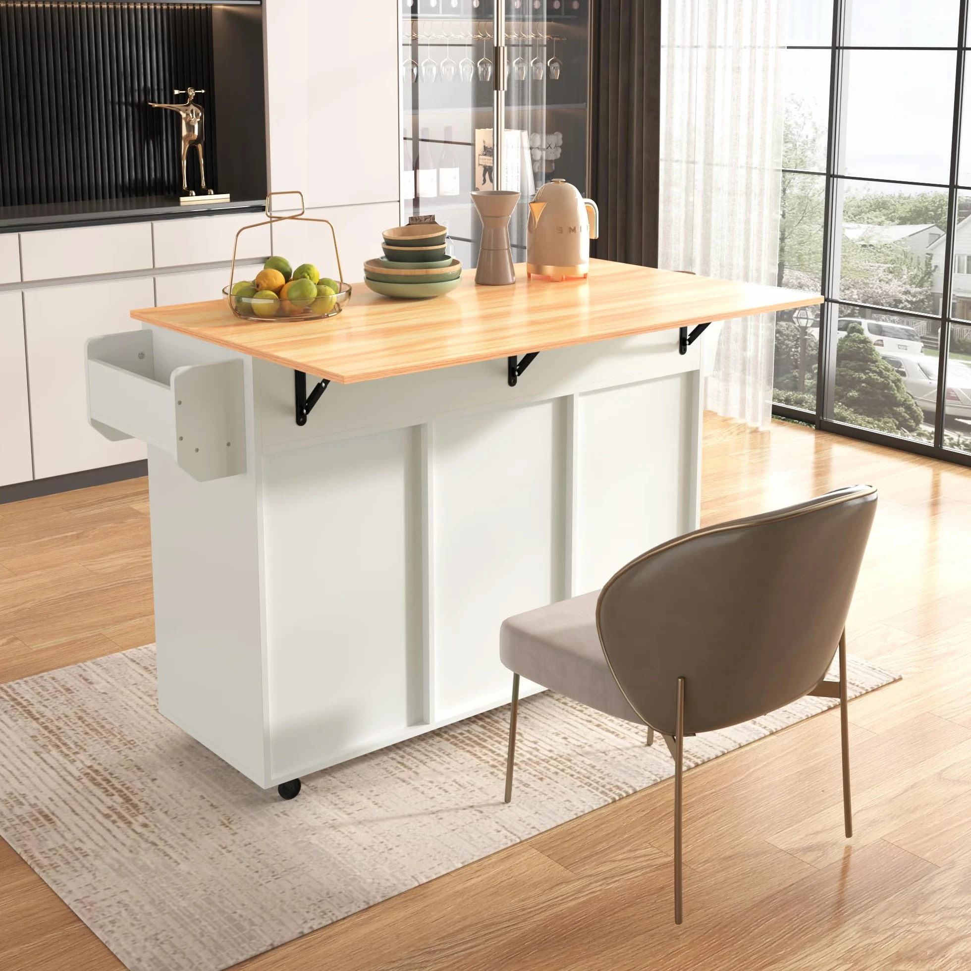 LAKFEW Isla Cocina con 5 Ruedas y Mesa Plegable, Aparador Cocina con 2 Puertas y 3 Cajones, Mueble Auxiliar de Cocina Isla de Cocina con Estantes Ajustables y Toallero, 139x46(71) x91.5 cm, Blanco