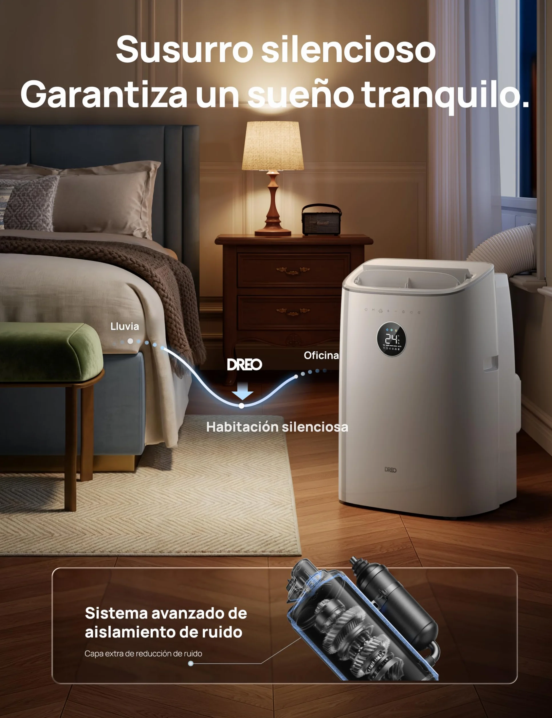 DREO aire acondicionado portátil 7500 BTU 3-en-1 refrigeración/ventilación/deshumidificación, silencioso para dormitorio u oficina, control por app y voz, sin drenaje, kit ventana, 2,5 L/h, AC318S