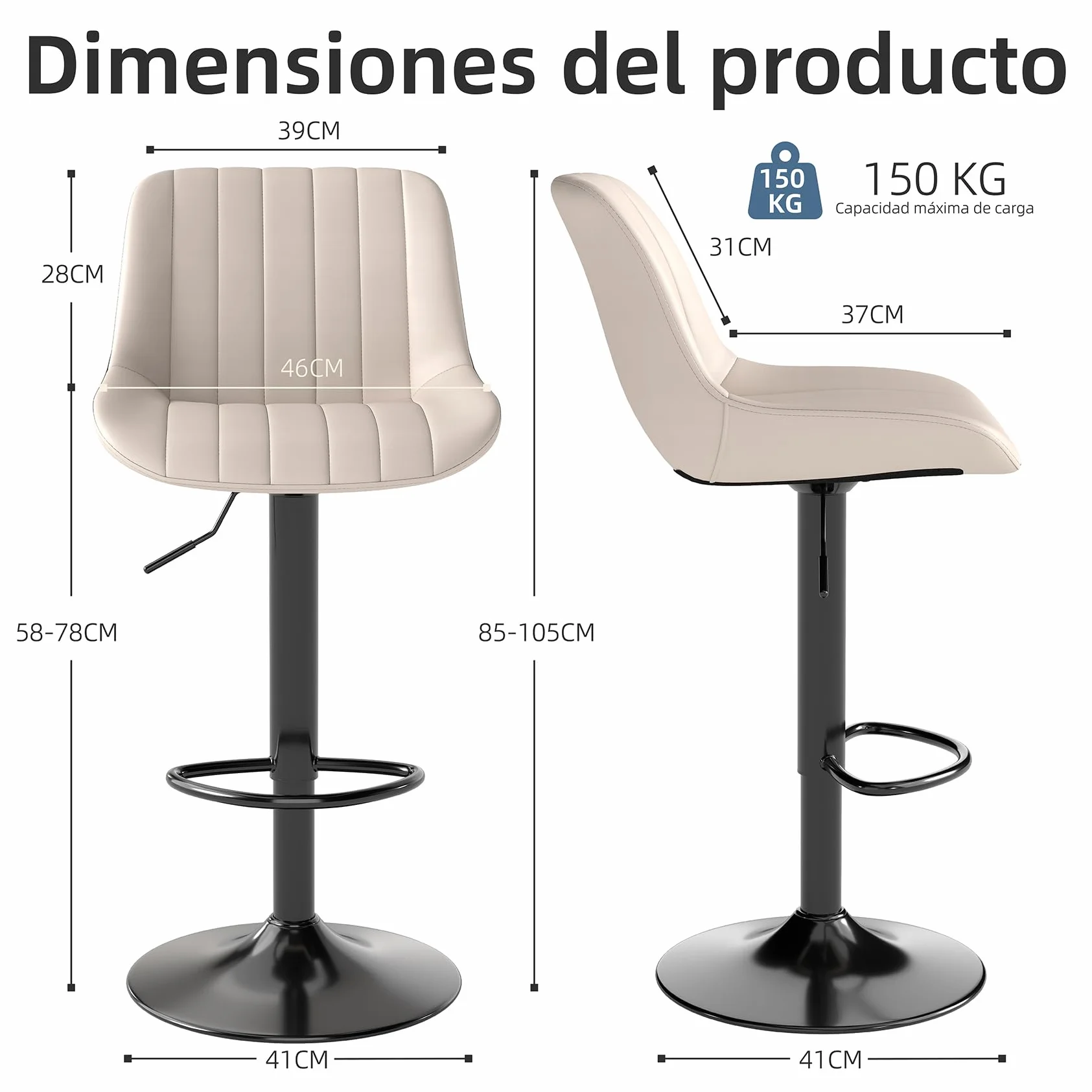 Youhauchair Taburetes Altos de Cocina Juego de 3, Taburete de Bar Giratorios Ajustable, Cuero PU, Beige