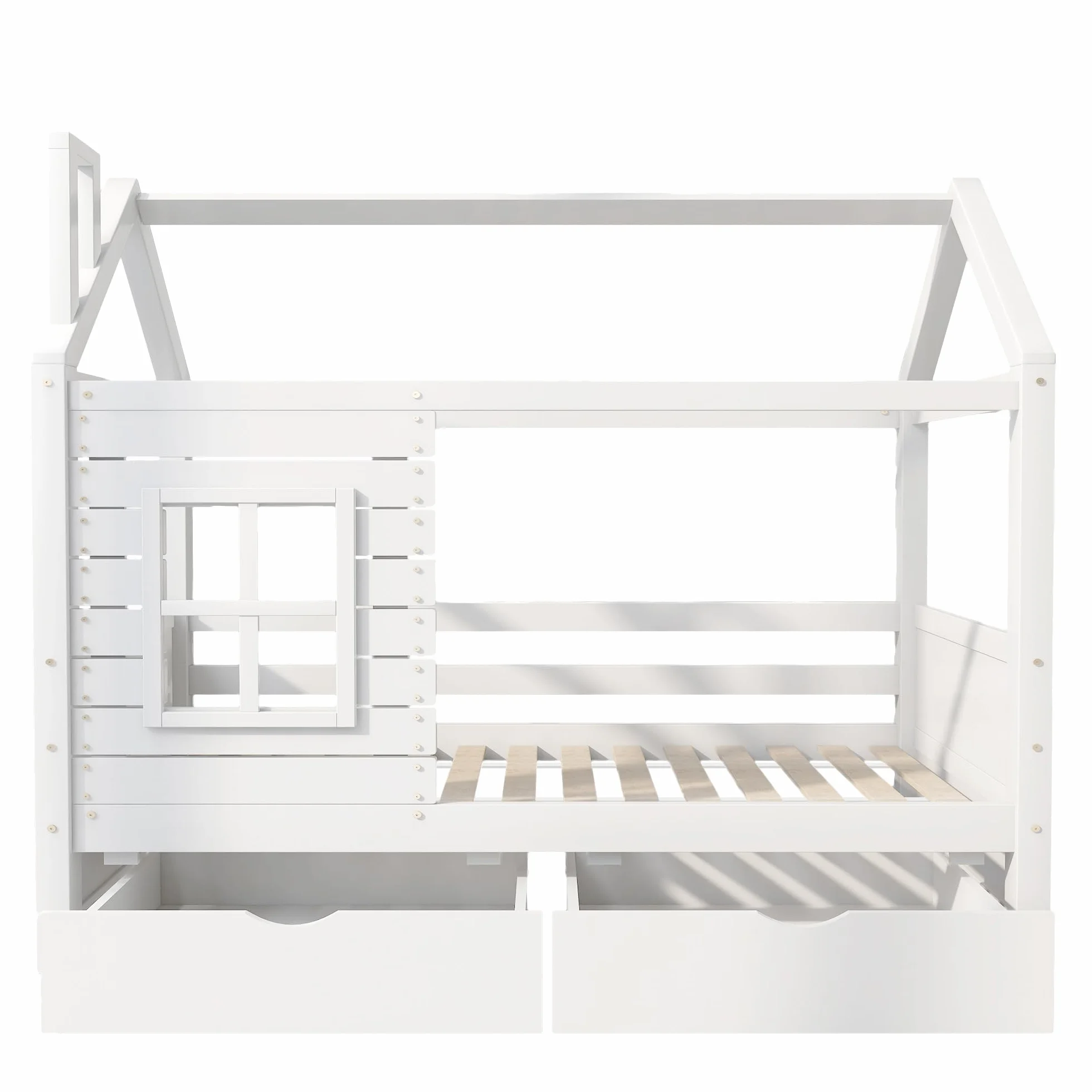 Cama infantil de 90 x 200 cm, con protección anticaídas, versátil, madera maciza, cama con ventana y somier, color blanco