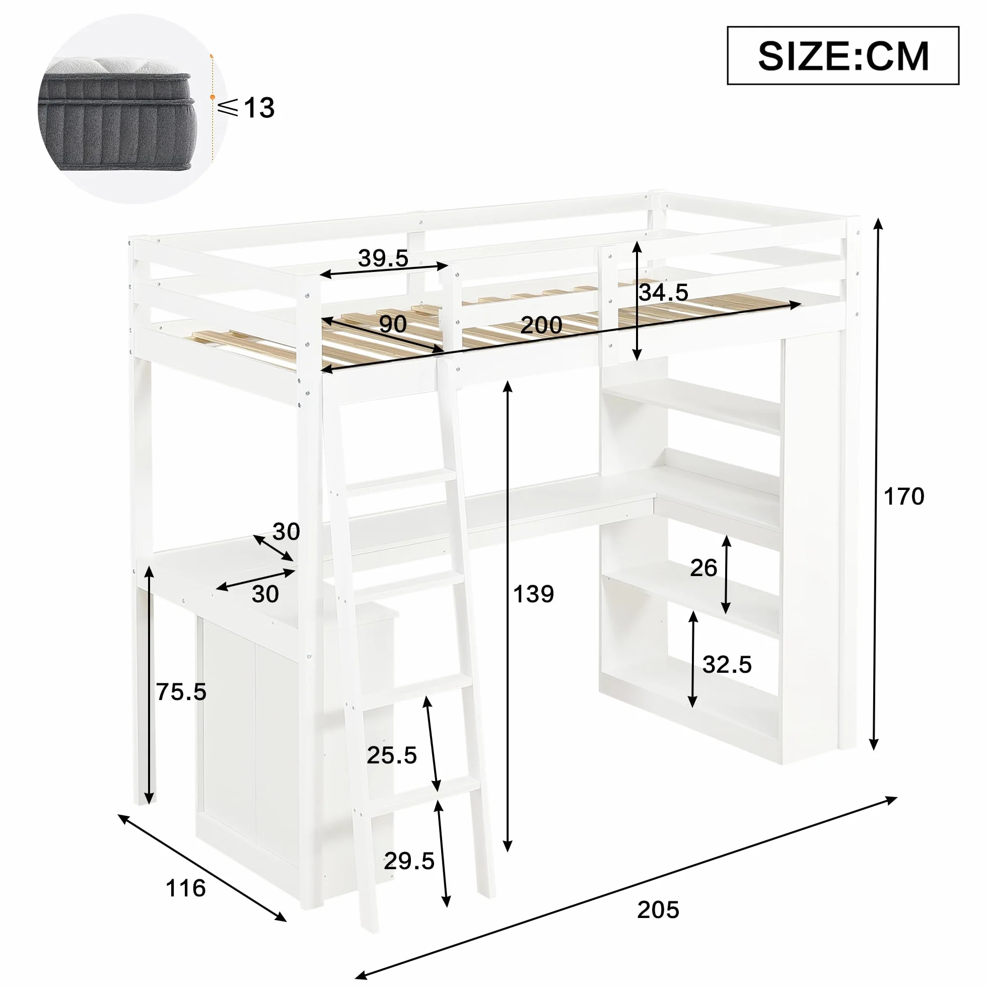 SUKY Cama Alta 90x200 cm con Estante de Almacenamiento y Barandilla de Seguridad