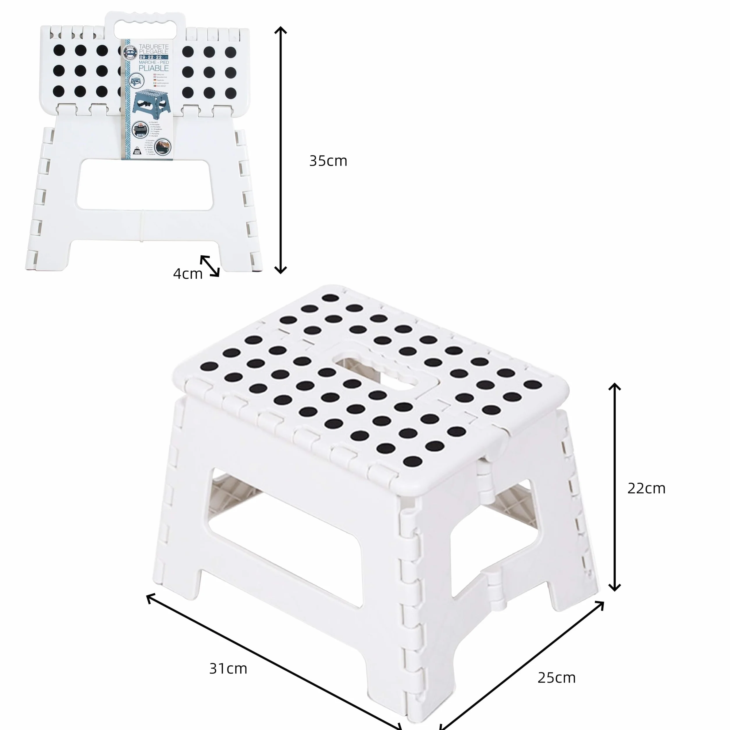 Taburete Plegable Antideslizante, Plástico Resistente hasta 100 kg, Compacto y Portátil con Asa, para Adultos y Niños, Ideal para Cocina, Baño y Hogar – (Blanco)