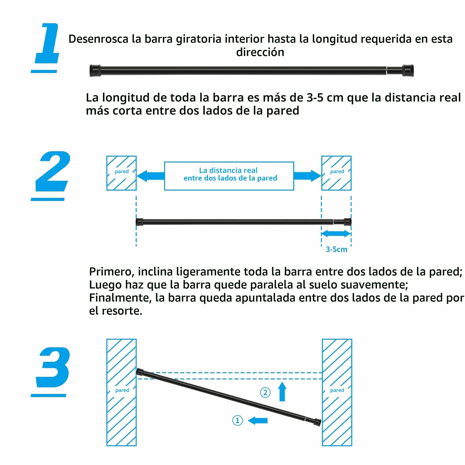 Barra de cortina extensible sin taladrar 66-90 cm blanco diámetro 25 mm para ventana baño