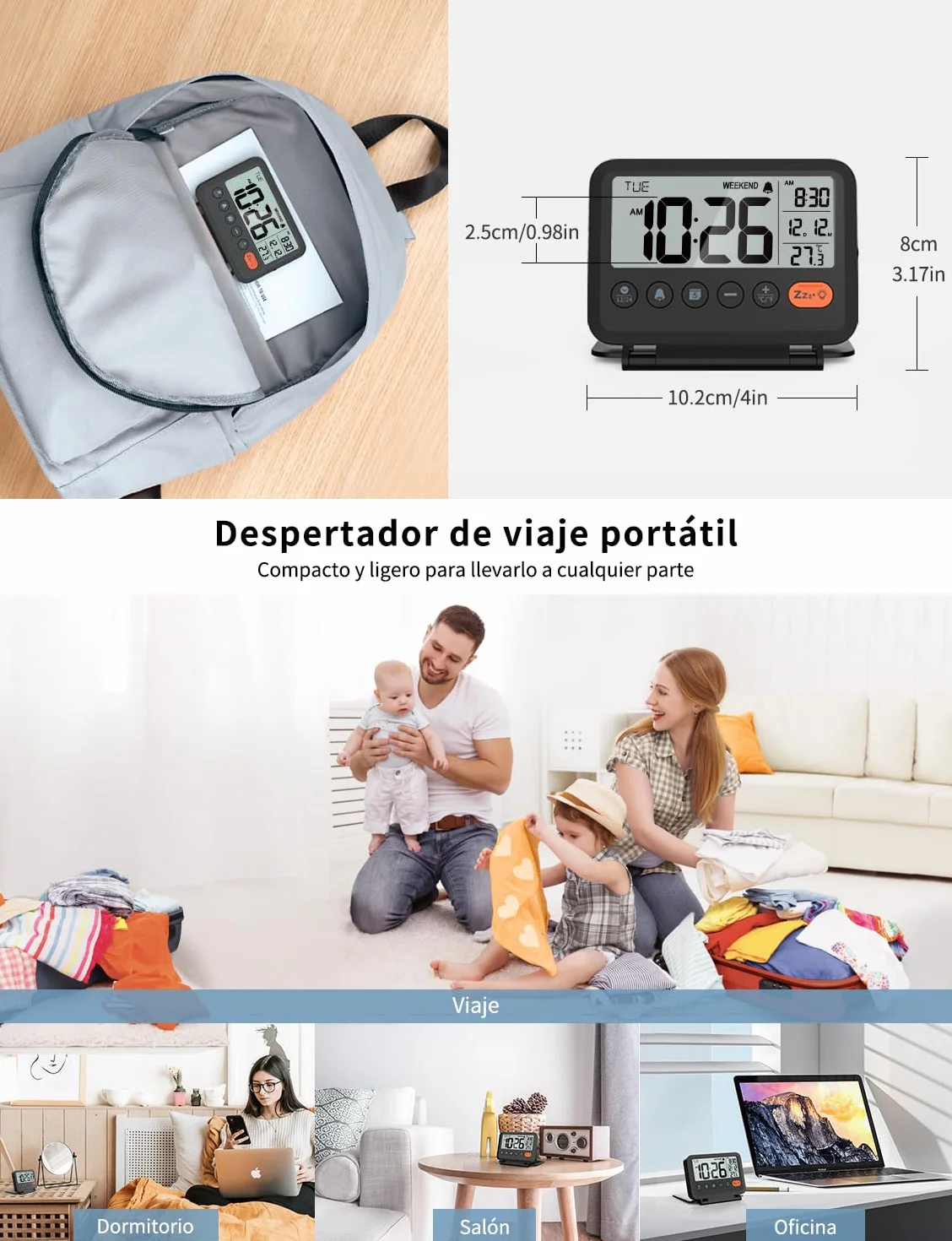 Reloj Despertador Digital de Viaje LCD con Fecha, Temperatura, 12/24H, 2 Volúmenes, Plegable