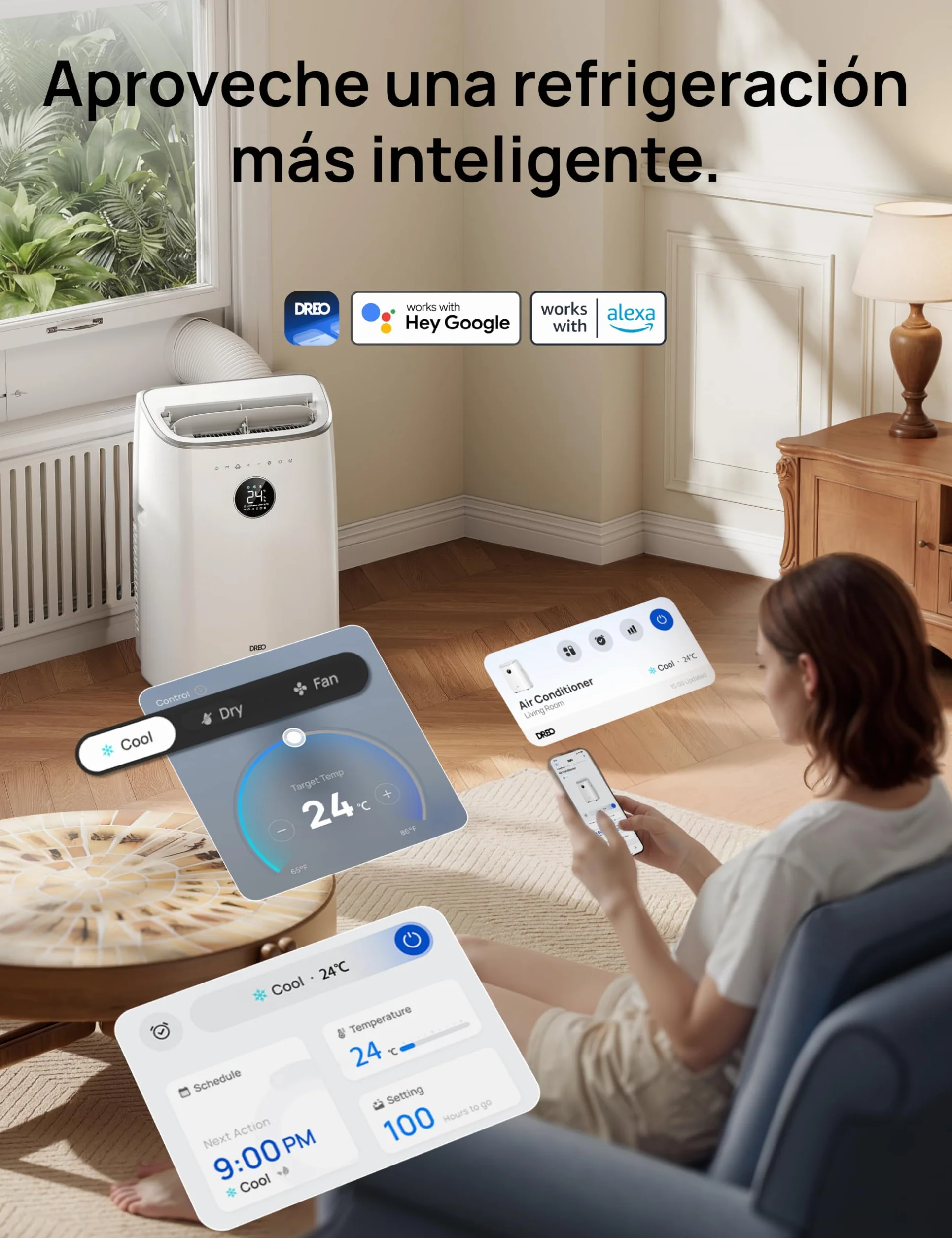 DREO aire acondicionado portátil 7500 BTU 3-en-1 refrigeración/ventilación/deshumidificación, silencioso para dormitorio u oficina, control por app y voz, sin drenaje, kit ventana, 2,5 L/h, AC318S