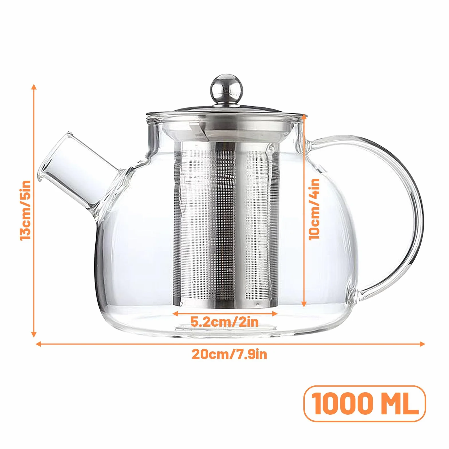 Tetera de 1000 ml, Tetera Cristal con Colador para Flores de Té Rosas de Té y Té a Granel así Como Bolsitas de Té