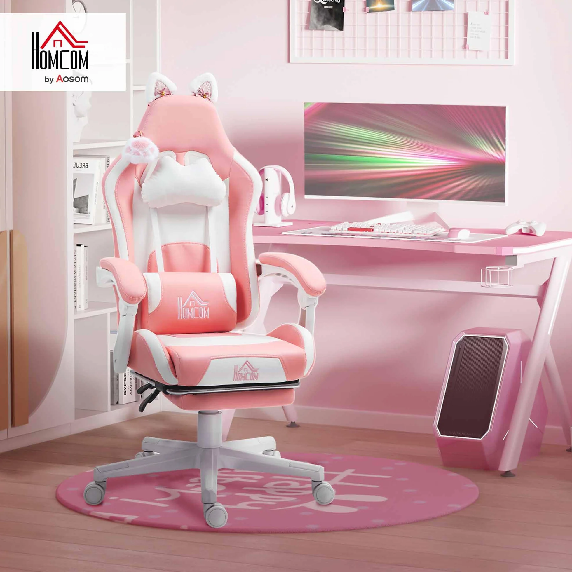 HOMCOM Silla Gaming con Orejas Silla Gamer Reclinable 135° con Altura Ajustable Reposapiés Retráctil Soporte Lumbar Giratorio 360° y Reposacabezas Desmontable Silla para Oficina Estudio Rosa