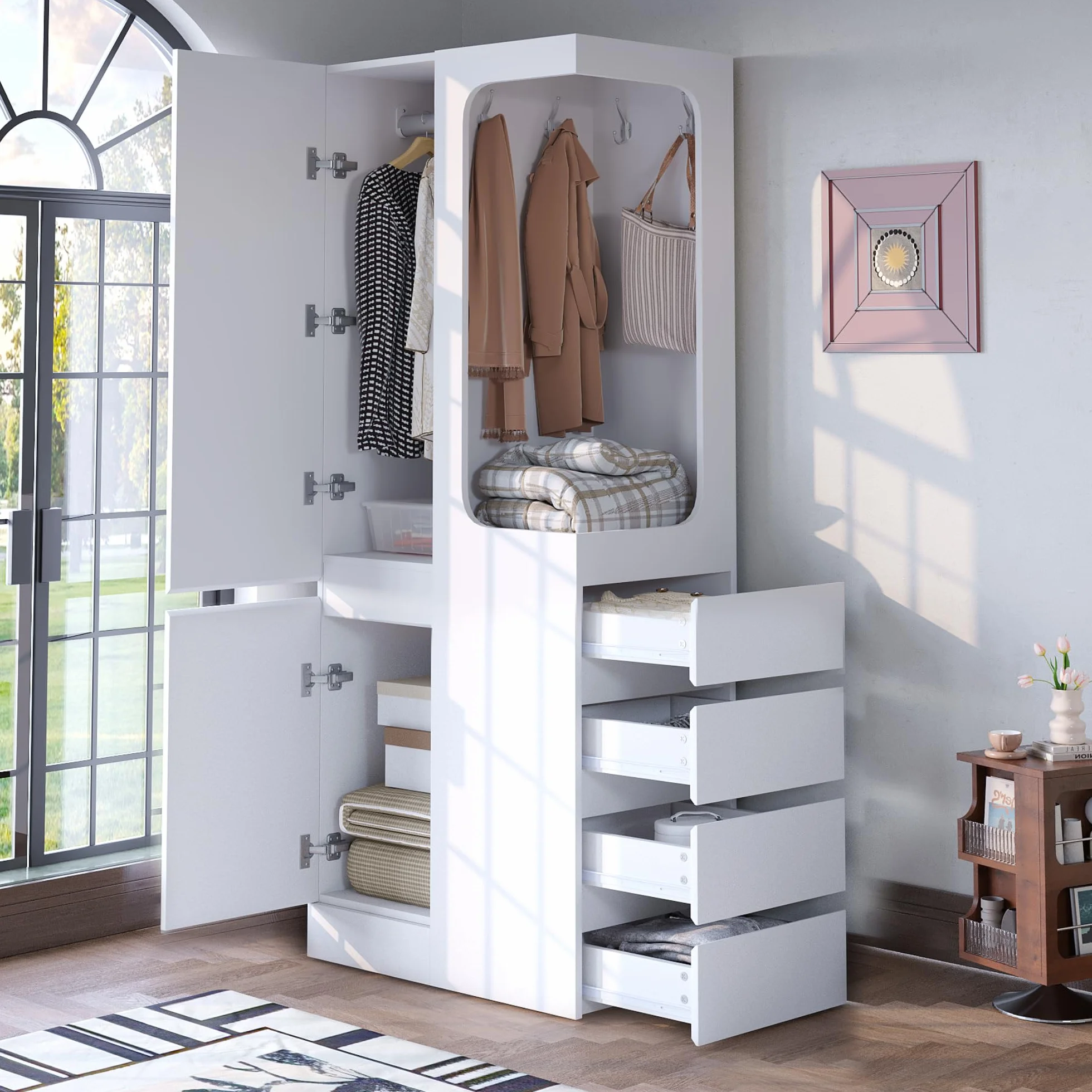 Armario, con cajones y compartimentos de almacenamiento, área abierta para ropa, una puerta (Blanco-1)