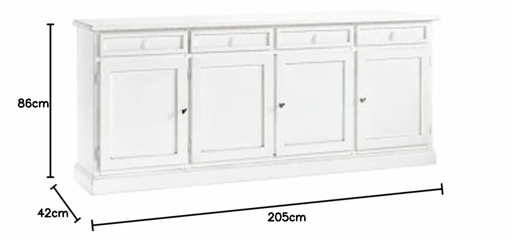 Mar.c.a. Design, Aparador Blanco, Aparador Cocina de Madera con 4 Cajones y 4 Puertas - Mueble TV Salon 205x42x86H - Mueble Salon y Cocina, Mueble TV Blanco para Varios Ambientes y Usos, Made in Italy