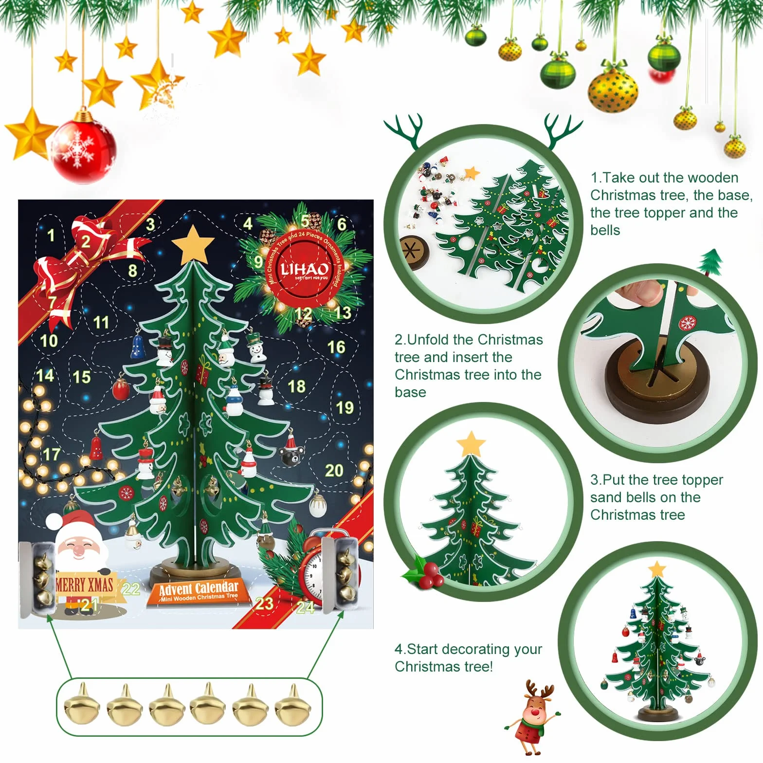 LIHAO Calendario de Adviento de Madera Mini Árboles de Navidad Adornos Decoración Regalos para Niños