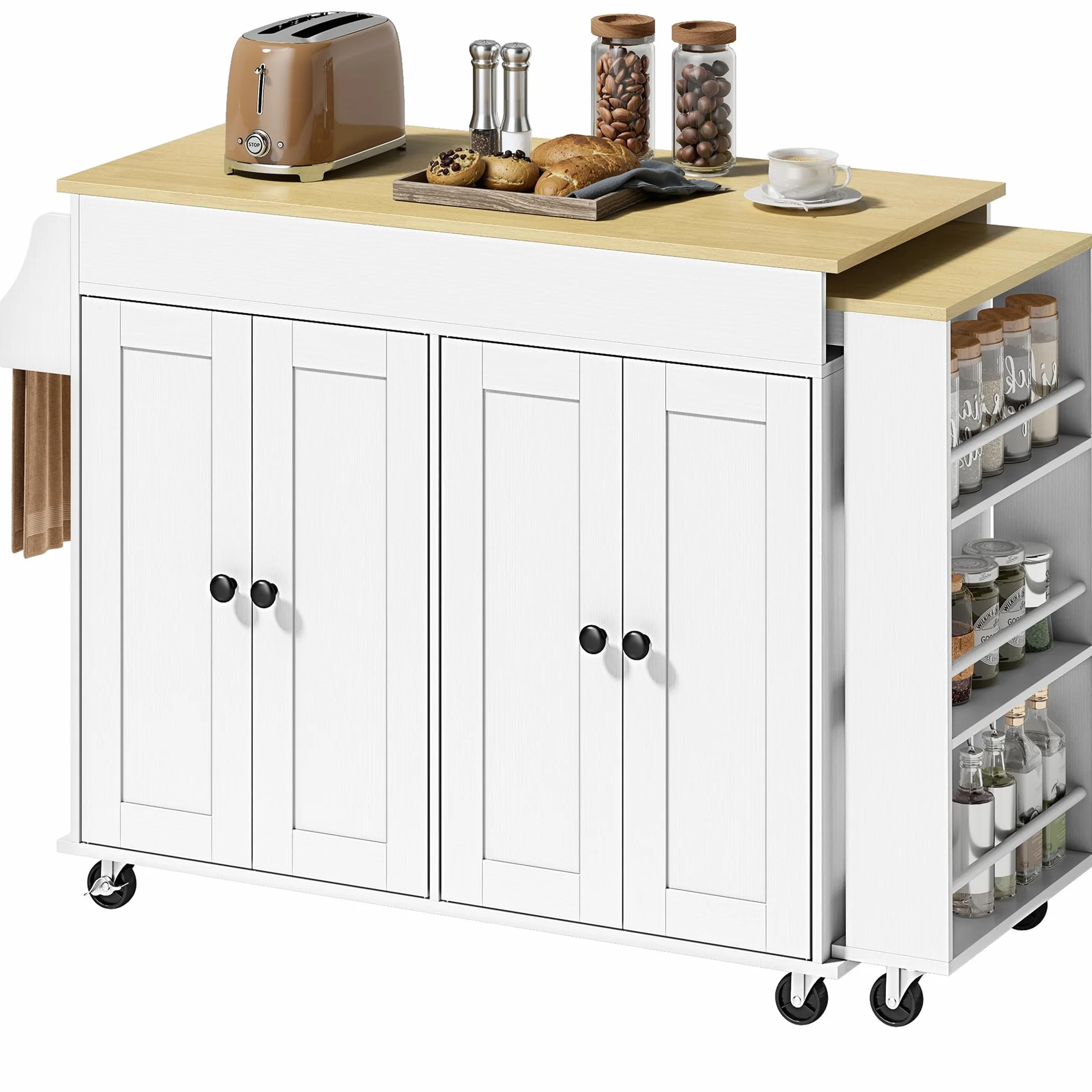 HOMCOM Isla de Cocina con Ruedas, Encimera Extensible, Carro de Cocina con 4 Puertas, Estantes Ajustables, Estantería Lateral Abierta, Especiero y Soporte para Toallas, para Comedor, Blanco