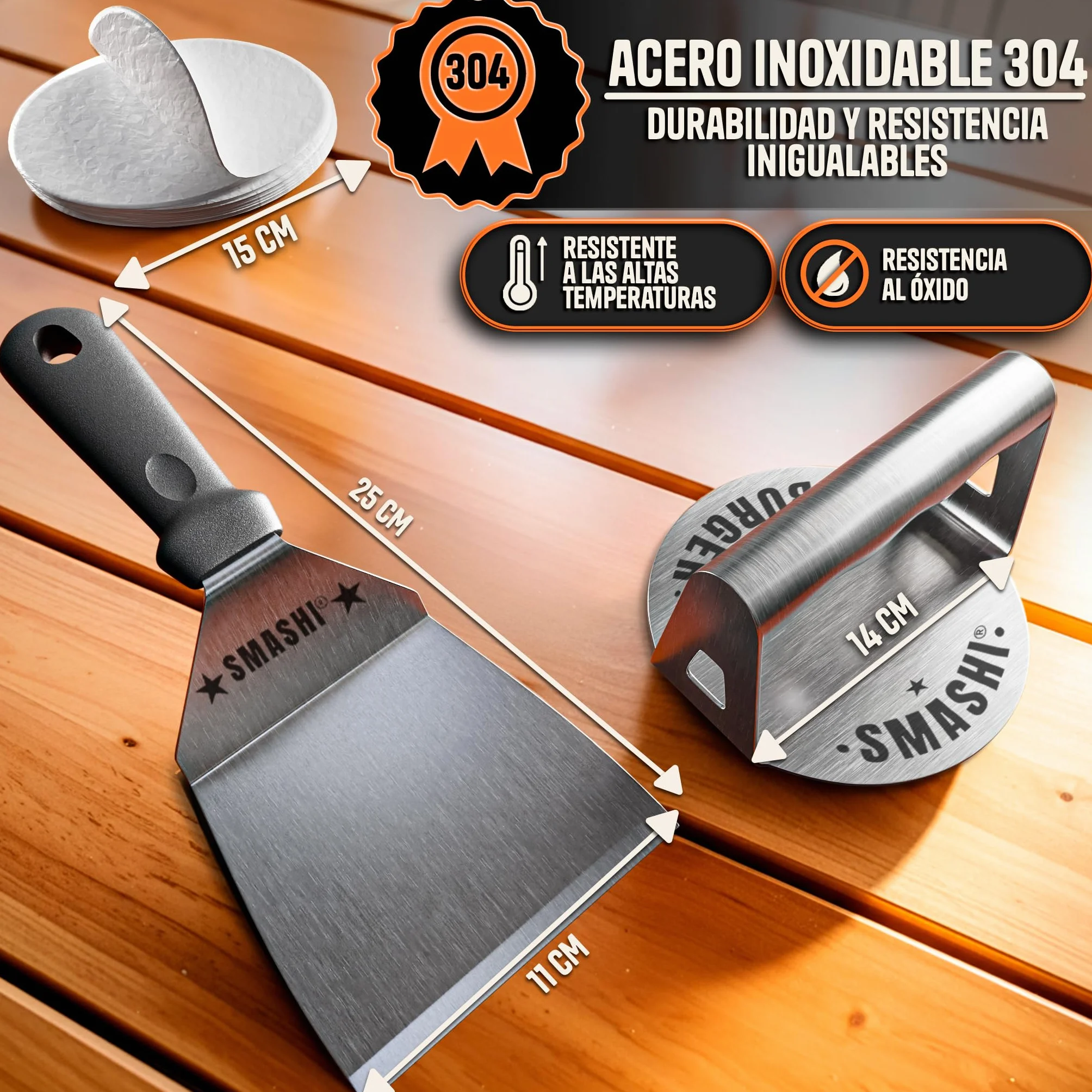 SMASHI® Smash Burger Kit Acero Inoxidable 304 Prensa Hamburguesas + Espátula + 50 Papeles