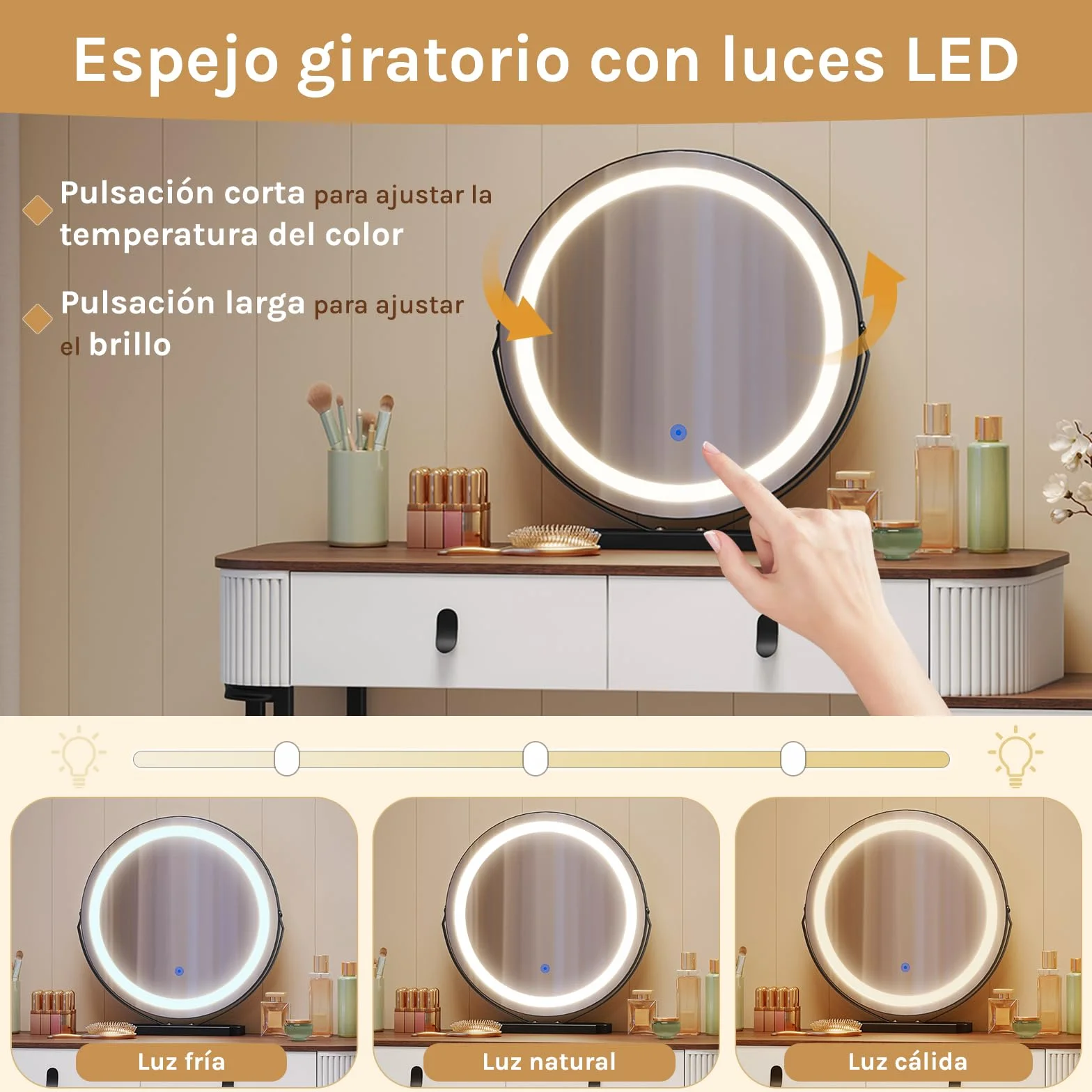 WOLTU Tocadores Maquillaje, Mesa tocador, con Espejo Redondo, Luz Regulable en 3 Niveles, Tocador con Cajonera de 5 Cajones, Marrón Naranja, MB6109hdob