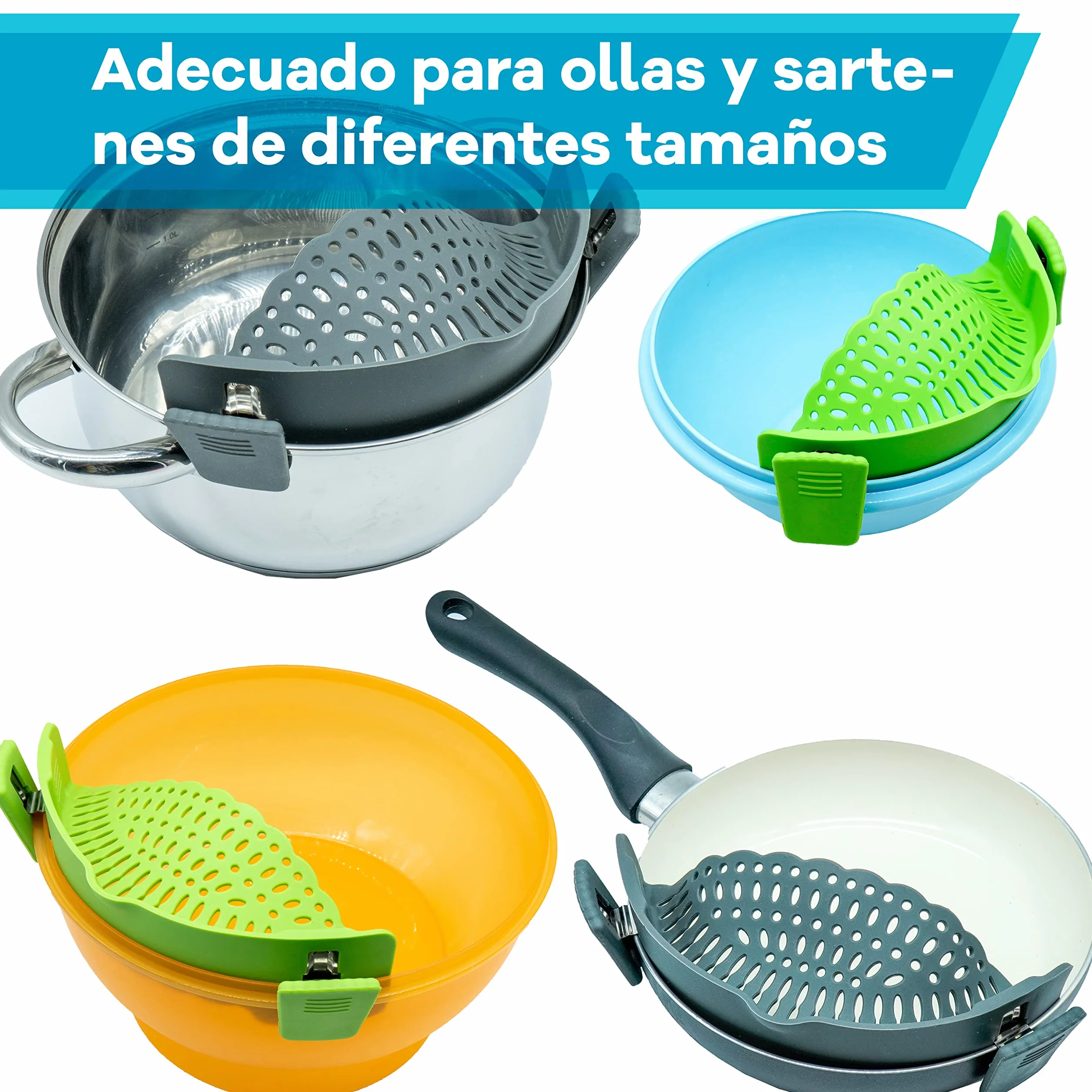 Netrox Colador plegable de silicona para pasta verduras frutas ollas flexible con clips de agarre apto lavavajillas Gris