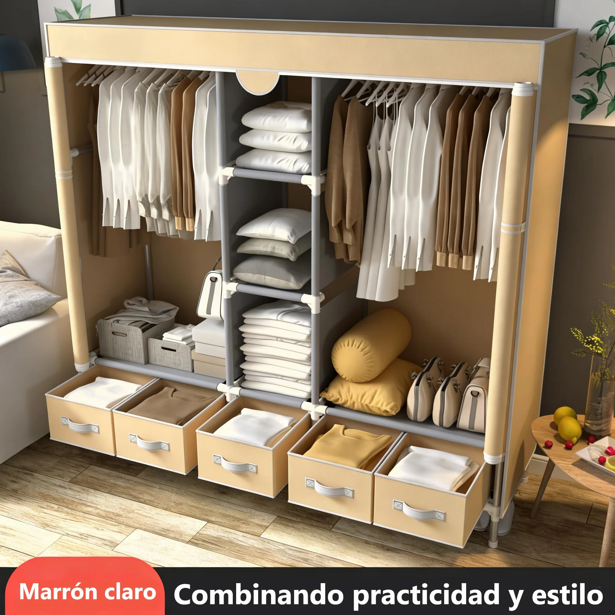 Armario de Tela Portátil, Organizador de Ropa con Barra para Colgar, 5 Cajones de Tela, Compartimentos para Zapatos, Plegable, 185x45x170CM, Marrón Claro